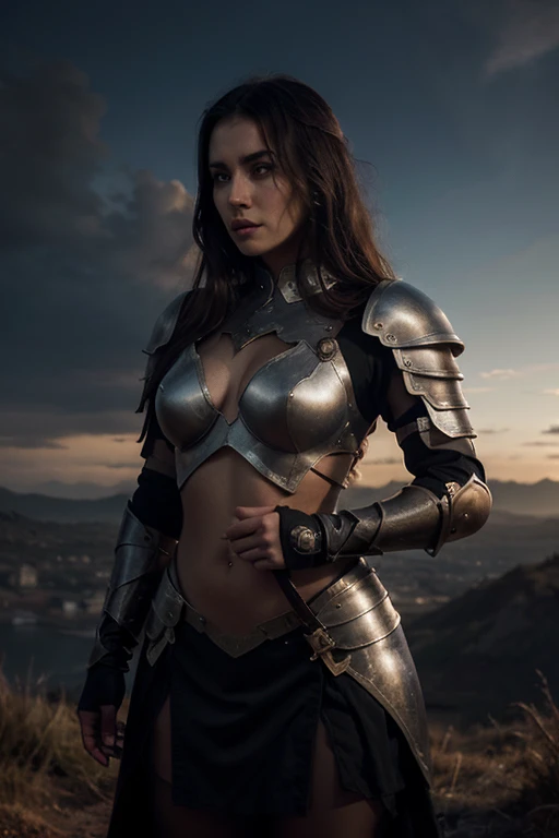 (masterpiece), (extremely intricate:1.3), (realistic), portrait of a muscular bodybuilder girl, ((medieval armor:1.4 black gold filigree breastplate, perfectchainmail, [blonde hair:dark hair:0.3], [flat chest:large breasts:0.6], from below), tattoo:1.0), metal reflections, upper body, outdoors, intense sunlight, far away castle, professional photograph of a stunning woman detailed, (short undercut dark shaved hair, dynamic pose), sharp focus, dramatic, award winning, cinematic lighting, volumetrics dtx, (film grain, blurry background, blurry foreground, bokeh, depth of field, sunset, interaction, blackiron Perfectchainmail ribbons), 8K