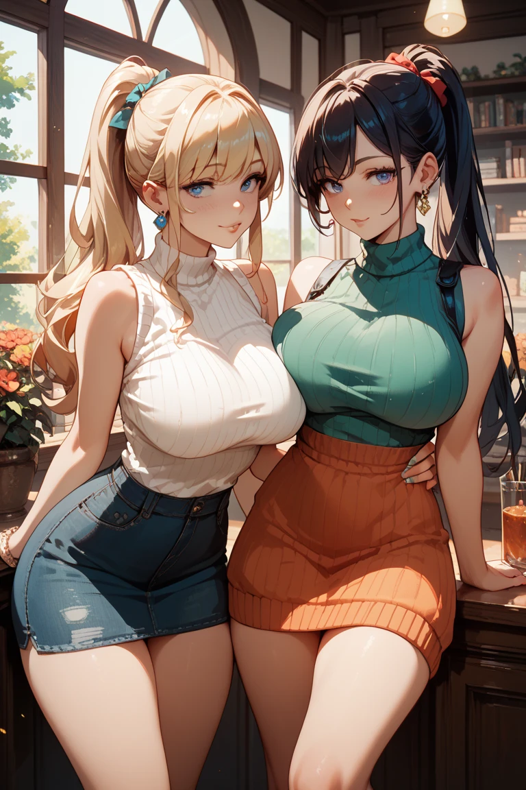 best quality, (masterpiece),(ultra-detailed), (high quality), (high resolution), (2heads:1.5) blonde hair, brunette brown hair, (larger breasts), cleavage, best quality:1.5, highres, UHD, 4K), smiling, ((black blazer over a blue crop top)), blue jeans, wearing heeled boots, (detailed glowing blue eyes), (mature woman), casual dress, sexy proportions, (exposed midriff), thighs, Beautiful girl with accentuated slender abs, eyeshadow, lesbians, lesbian, kissing together cutely, lesbian art, portrait of two girls kissing, kissing together, lesbian kiss, lesbian embrace, lesbian kiss, lesbian embrace, kiss mouth to mouth