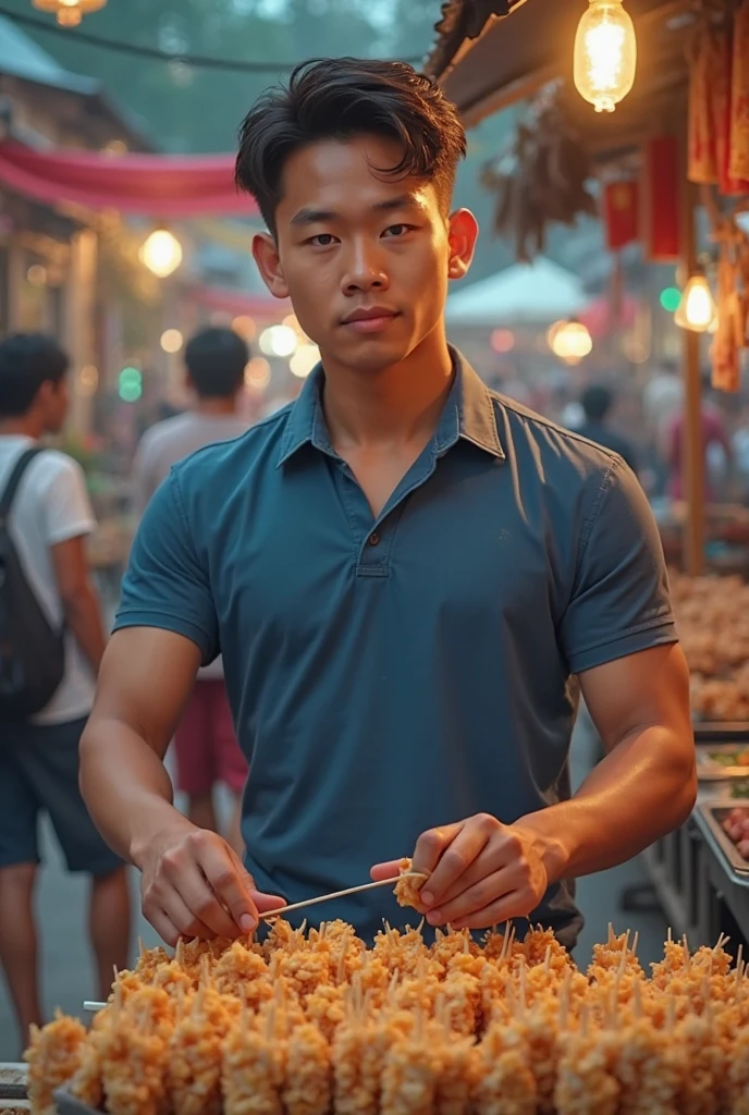 An Indonesian boy, a handsome young man with tattoos, stands wearing only gray men's underwear, an old, torn elastic head, and a hard cock in the wet market.