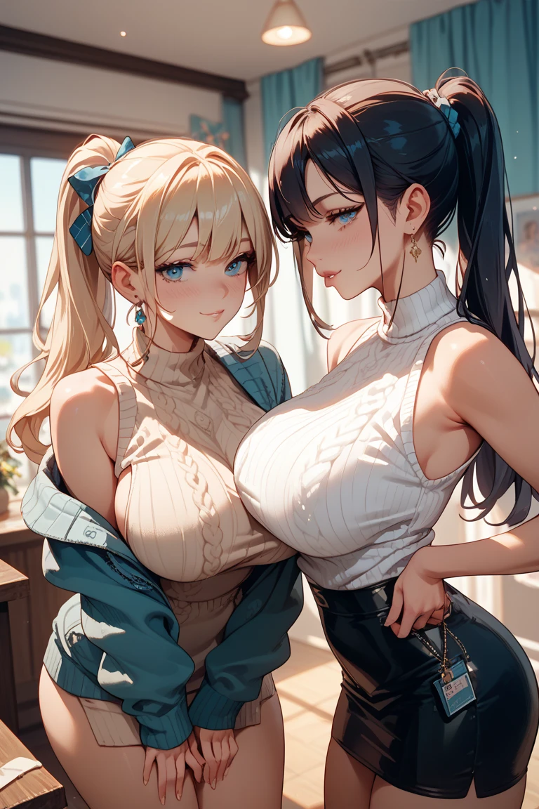 A flirtatious, provocative smile、Big Breasts、One female、Beautiful light brown hair,tattoo、Tank top,Ripped jeans,Music Studio,Ultra-high resolution, Accurate, Super detailed, Textured skin, High detail, highest quality, 8k, Detailed Hair,Detailed eyes,Focus on the face,Depict the figure from the waist up,rockstyle,
