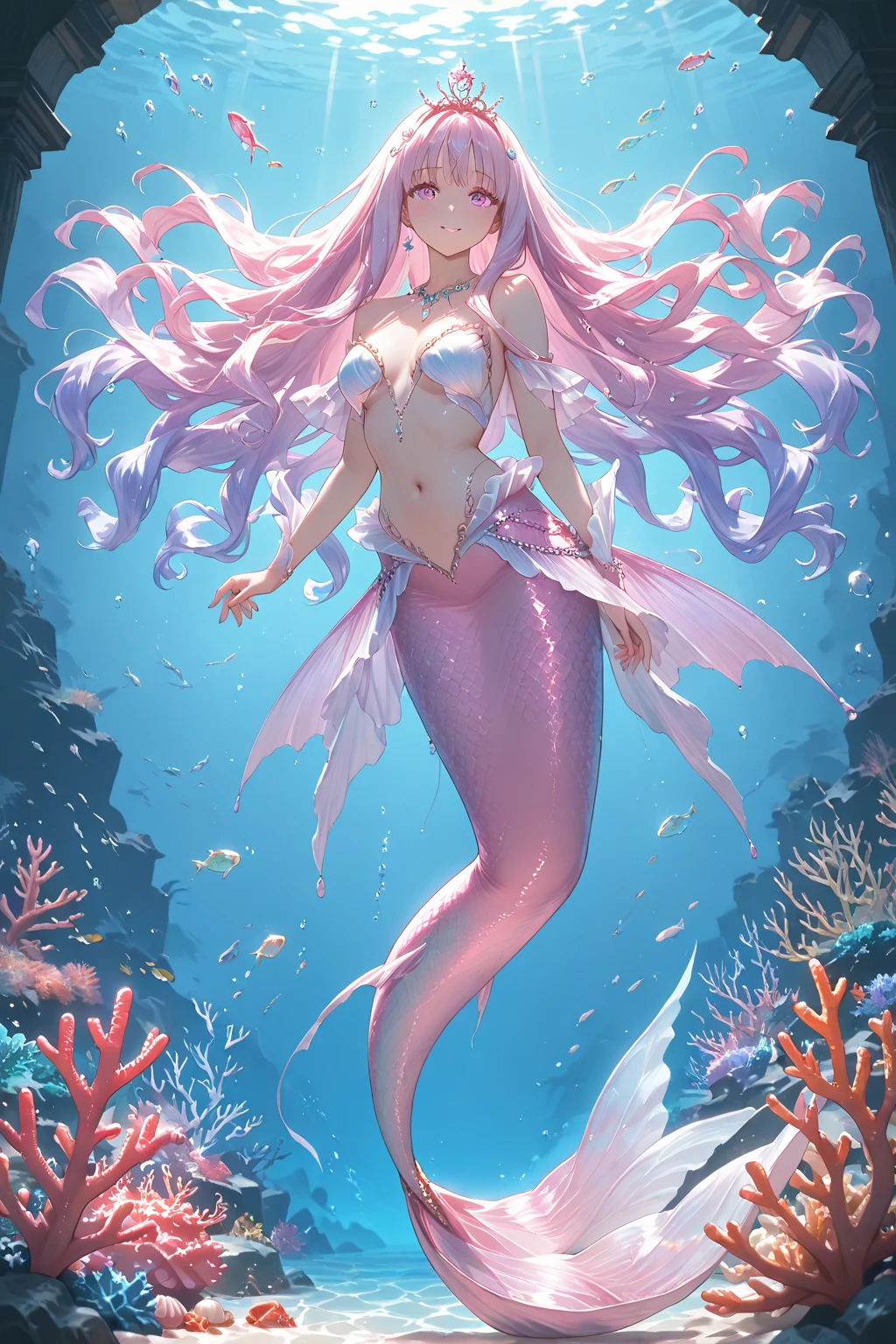 realistness,Wonders of the deep sea,The movie character Mermaid is scaled by rainbow-colored fish,Glittering,Starry Sky,Pearls glow,The ears are slender and delicate,Colorful bubbles,Structured,Full of special effects,Distinctive features,charming smile,complete fingers,24k,moist skin,Pose for the camera,Perfect fishtail,floating long hair,poster design