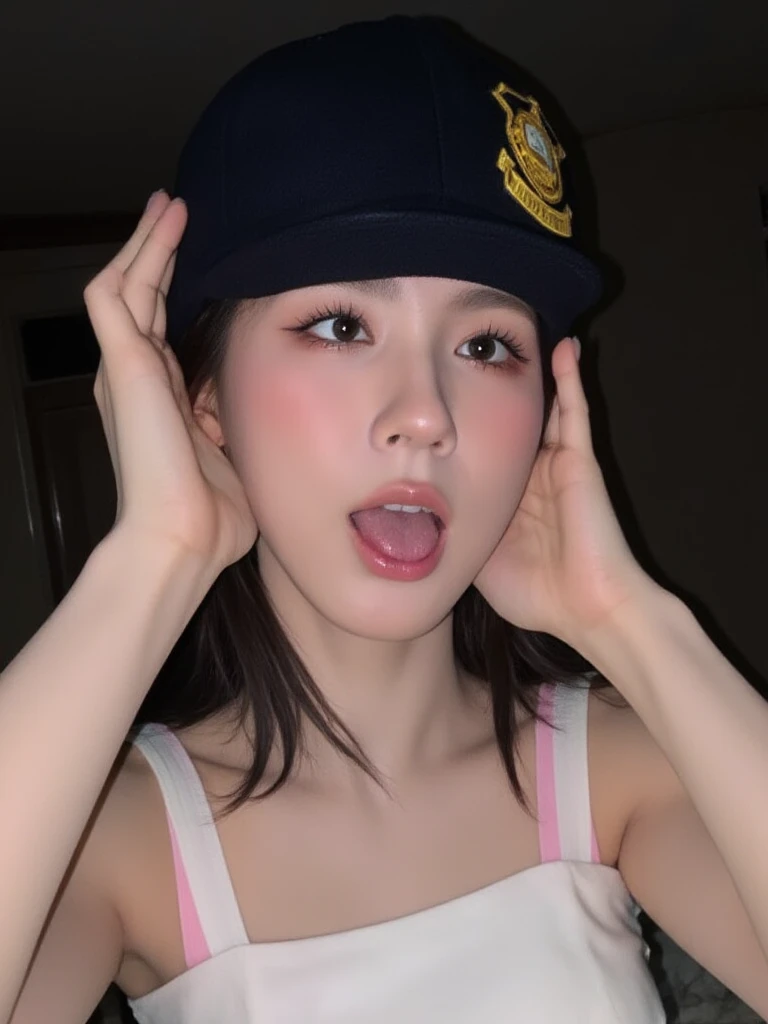 ((Midnight, Best quality, 8k, Masterpiece :1.3)), Whole body, Long legs, Sharp focus :1.2, A pretty woman with perfect figure :1.4, Slender abs :1.1, ((Dark brown hair, Big breasts :1.2)), (White tight tshirt, Jean bib, Standing:1.2), ((Night city view, Rooftop:1.3)), Highly detailed face and skin texture, Detailed eyes, Double eyelid, ballgag 