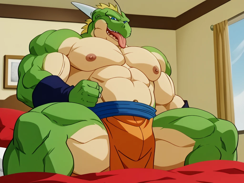4k, High Definition, (ultra detailed), a beautiful and detailed full size portrait of a man (muscle, naked), feral dragon shenron, Shen Long, scales, eastern dragon, Dragon Chino, (dragon tail, green body, yellow skin, green fur, wide, bright red eyes), barbel_(Anatomy), with claws_fingers, green scales, tan_scales, big body, sexy body, muscled body, muscular den, big pecs, spiked arms, naked, alone, correa, (seductive), big body, sexy body, Wide hips, subtract, Rosa Tran,Ruan Jia, trend on Artstation,Foxovh, cinematic lighting, detailed background, (with an expression of pleasure emanating a moan), looking at the viewer, (kneeling in bed caressing his torso), big penis, uncut penis, NSFW