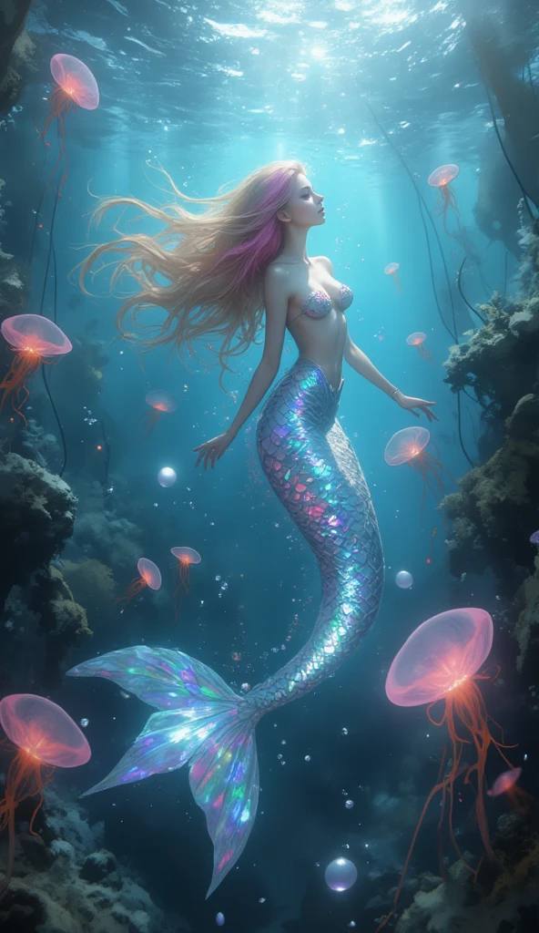 Mermaid Argentina teen Queen, skin kissed by sea spray, cascading waves of aquamarine hair adorned with pearls and seashells, eyes like deep ocean pools shimmering with mystery, lips tinted with a coral hue, iridescent scales shimmering on her tail, draped in flowing seaweed and coral, gliding gracefully through a vibrant underwater kingdom in a digital aquatic wonderland.