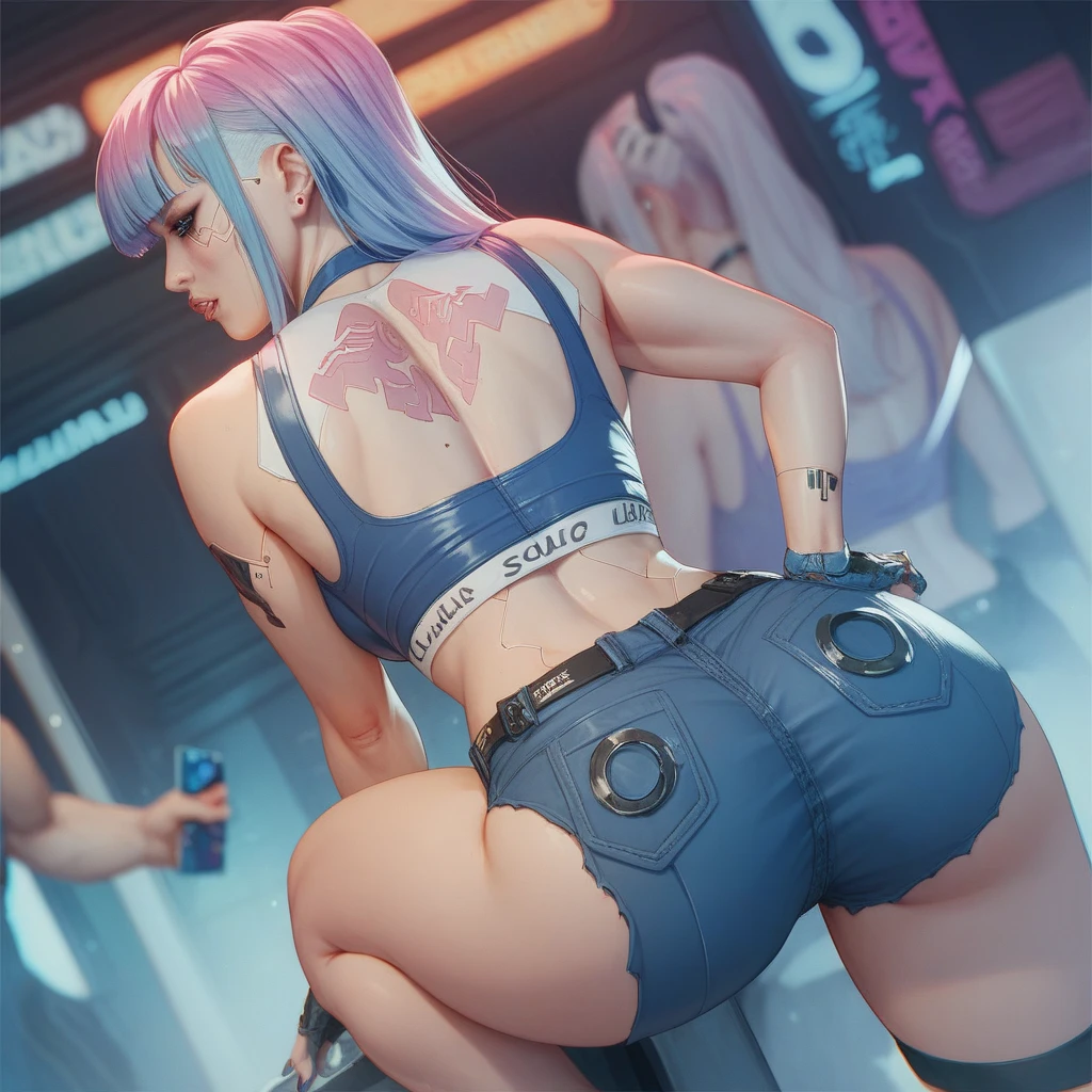 Highly detailed 4k realistic photo ((all-body, including legs)) of the beautiful 18 year old Anglo-Saxon girl, turquoise hair and sweaty turquoise hair with ((pointed jaw)) and perky breasts, in wet underwear with wet, transparent bra with deep cleavage, natta, beautifully drawn hands, (cyber punk: 1.2), neon lights, ramen shot, Neon Signs, from behind, in this, in this cheeks, carriages, using dental floss, PUNCHED PANTIES, REAR VIEW, photo from behind