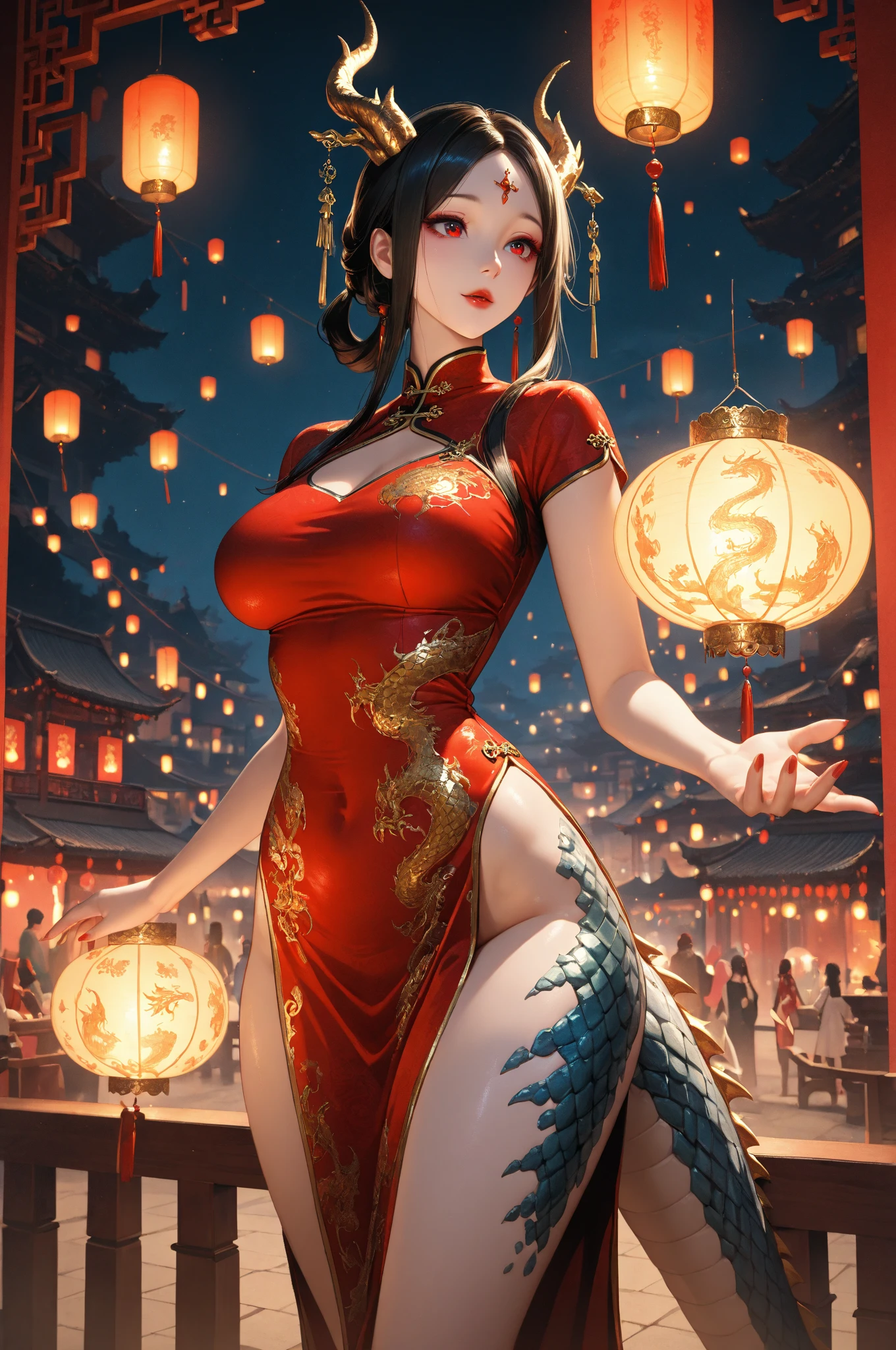 A 30-year-old beautiful queen wears a jeweled crown and is dressed in ancient Chinese Han attire with her cleavage exposed and her whole body standing with a kind expression. She has long legs and black hair in ancient China.