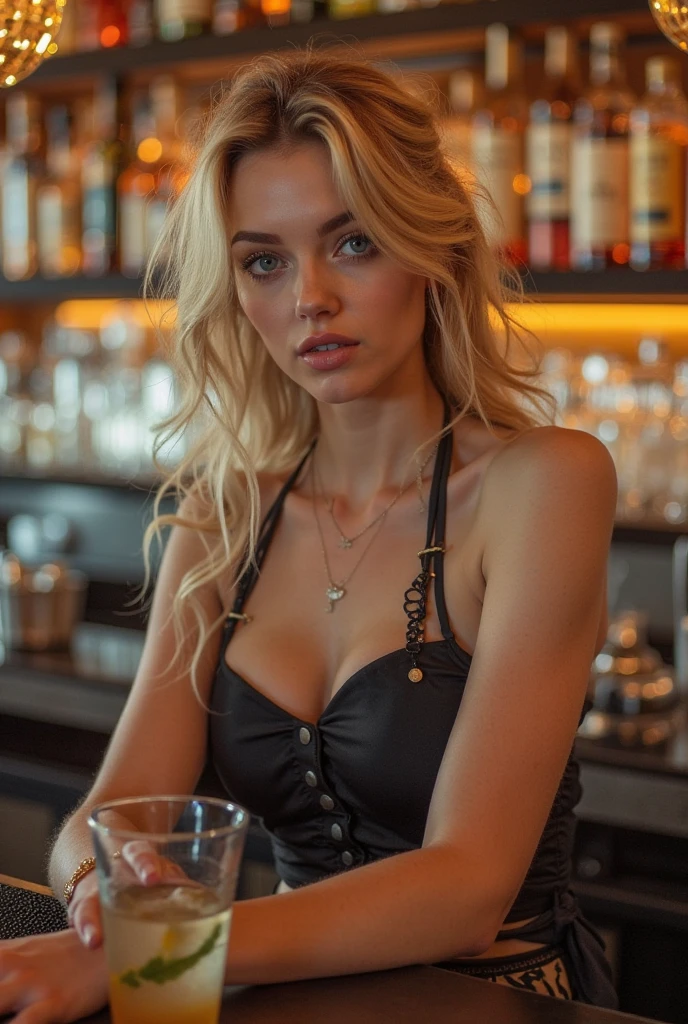 portrait photo of ScotMurm <lora:ScotMurm:1.0> beautiful woman blonde hair triple braids, nightclub sitting at bar (masterpiece) (best quality) (detailed) (8k) (HDR) (wallpaper) (cinematic lighting) (sharp focus) (intricate)