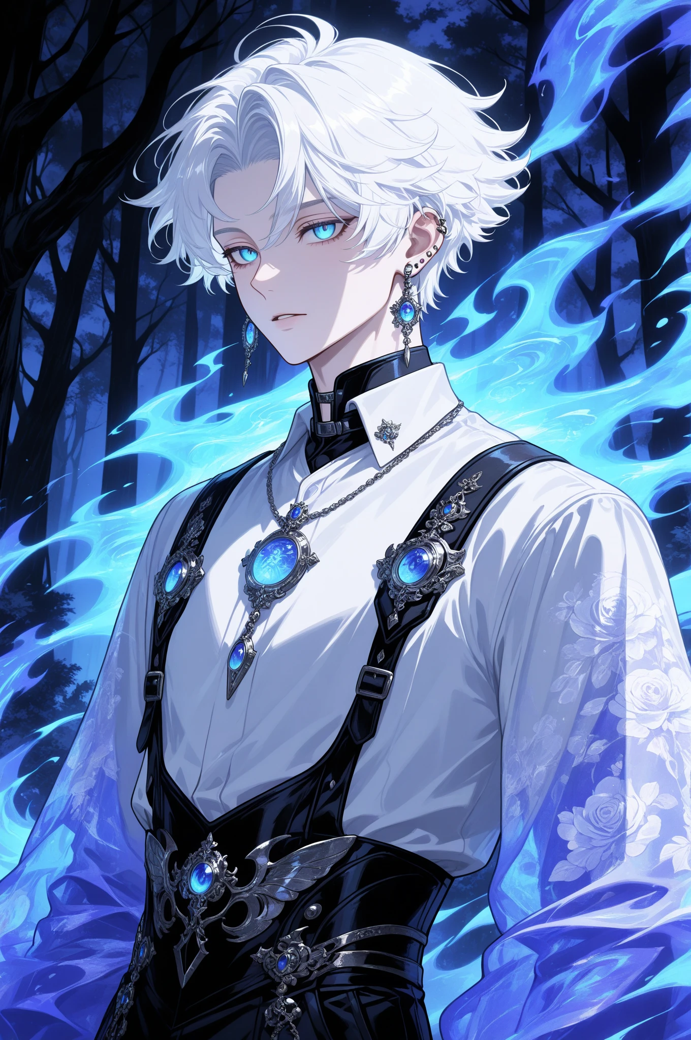 (absurdres, highres, ultra detailed), 1man, adult, handsome, tall,, finely detailed eyes and detailed face, black leather pants, no shirt, open chest, night, smile, dutch angle, long white hair, (((wolf ears))), earrings in wolf ears, wolf white tail, moon, forest, black horns in his head, silver details, earrings, black chocker, gothic, dark, black simple dress, looking at the view, pale skin, yellow detailed eyes, eyeliner, dog collar, (((open chest)))