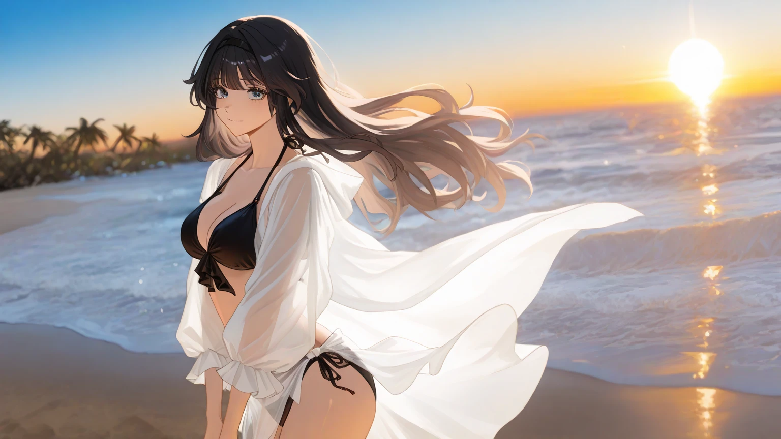 A woman standing on the beach at sunset, her silhouette highlighted against the vibrant colors of the setting sun. She’s wearing a stylish swimsuit or flowing cover-up, with her arms outstretched or holding a hat. The sky is ablaze with hues of orange, pink, and purple, and the reflection shimmers on the water’s surface. The scene exudes a serene, magical vibe.