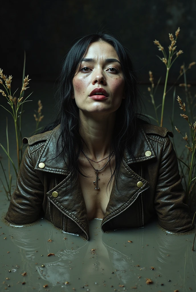 Sweaty sensual betty page looking girl eyes closed mouth open with and blue eyes and black leather coat soft black gloves and a skirt on her knees holding her breast with a man behind her kissin her on the back on the edge of a montain and the photo is taken from above