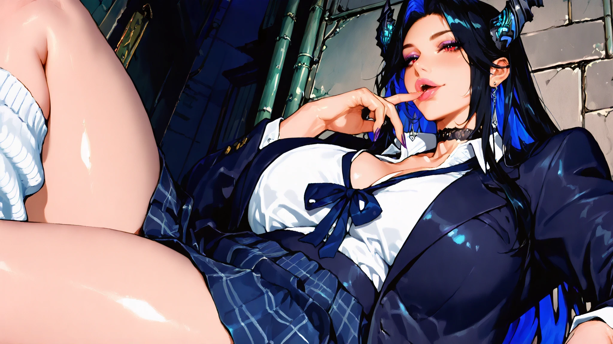 (best quality,ultra-detailed,realistic:1.37),fantasy portrait,charcoal drawing,dramatic lighting,vibrant colors,wide-eyed girl Mikasa Ackerman from anime "Attack on Titan",expressive lips,detailed facial features,confident expression,powerful stance,enchanted forest background,dynamic perspective,sharp focus,fierce wild-like hair,]"sexy" girl model[,[18-year-old],rebellious attitude,provocative pose,exquisite attention to clothing details,thigh-high boots,[colorful tattoos],mysterious aura,Eagle flying in the distance