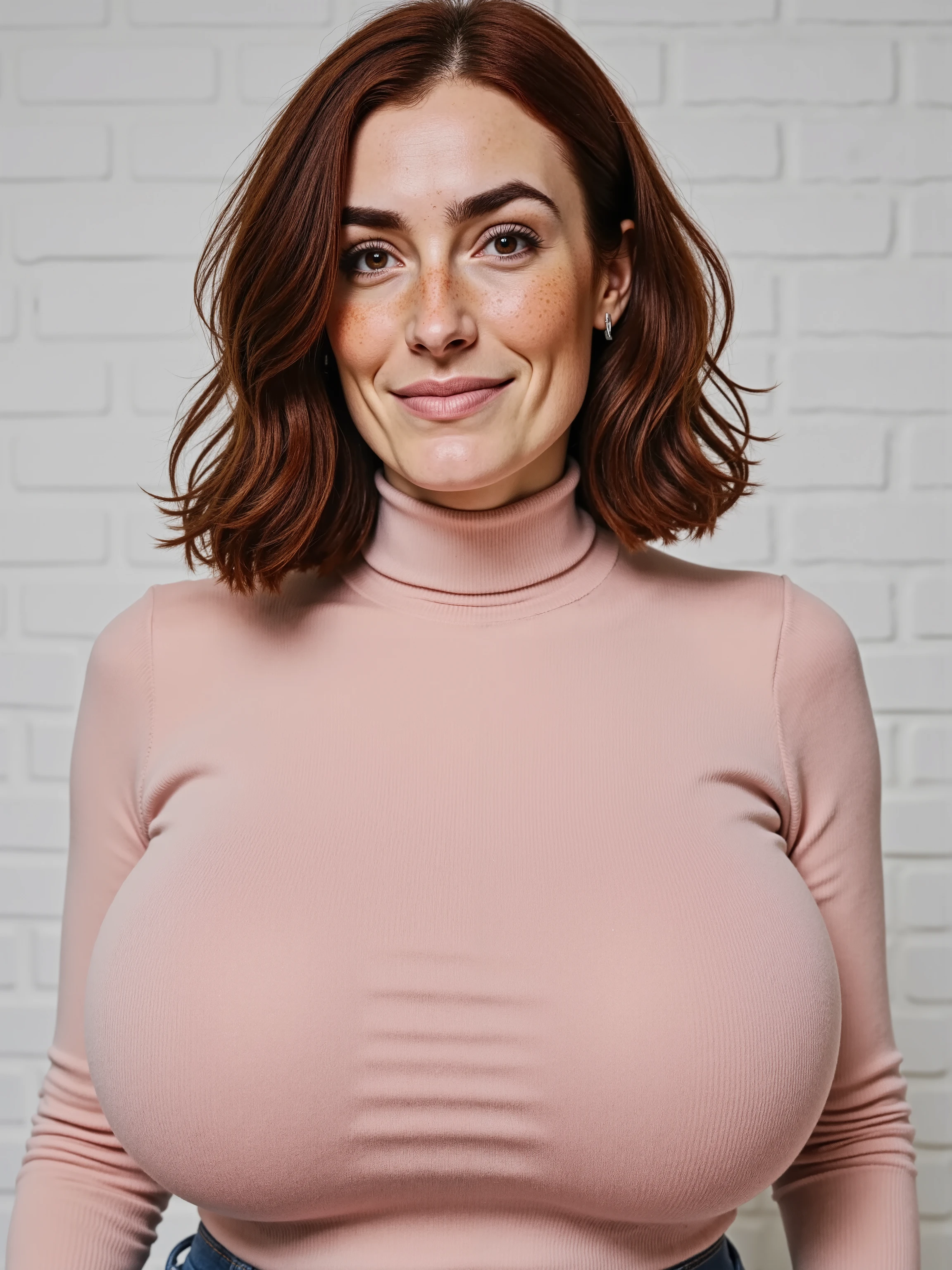 Photorealistic close-up picture of Margaret wearing a ribbed light pink turtleneck sweater. Large breasts. Long bob hairstyle. White wallpaper background.