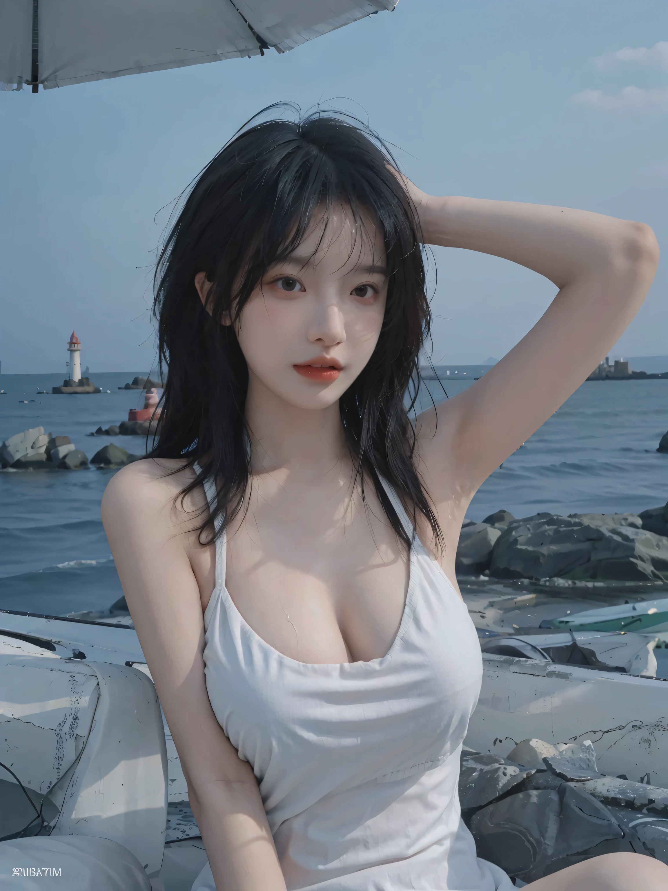 a beautiful girl,prominent cleavage,black,collar,Blue sky and white clouds,Sunlight,Kneel on the beach