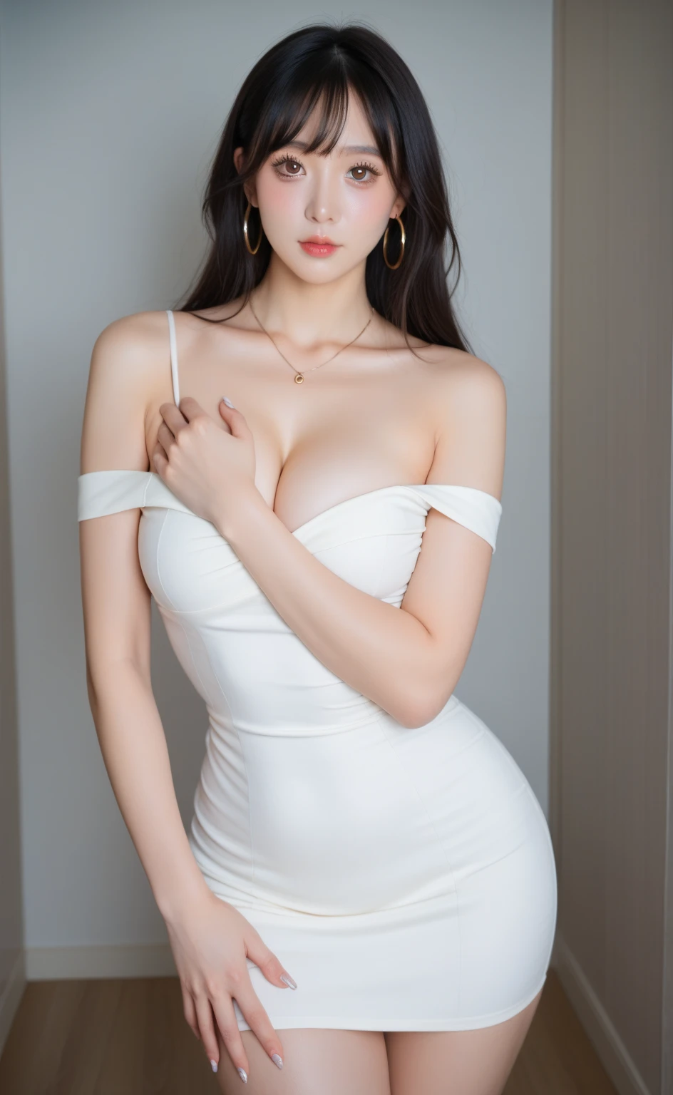 (Best quality,8K,A high resolution,Masterpiece:1.2, DSLR, 16k ),Ultra-detailed,(Realistic,Photorealistic,photo-realistic:1.37),Portrait, Creative style artwork, Historical, classical, Sophisticated, plethora of colors ,Highly detailed, Soft lighting, luxurious environment , black dress, there is young woman , girl wearing a red classy royal dress, performing a music video, slim fit (oval perfect shape, asymmetrical face structure, perfect proportion, almond eye type, hazal eye color, detailed eyes, blue hair color, 32 inch breasts, hourglass figure, slim body, pale white skin tone ,sexy girl, 25 years old, soft wavy hair, looking away, attitude expression, professional makeup, pink lips)