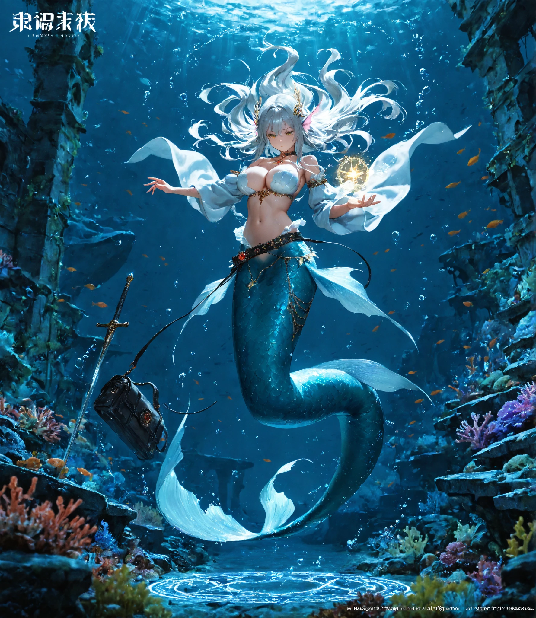 Aztec Merfolk holding a weapon on the ocean with a green background