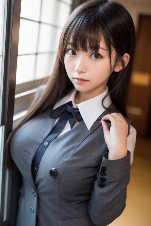 (highest quality,masterpiece:1.3,Ultra-high resolution),(Very detailed、Caustics) (Realistic:1.4, RAW shooting、)Ultra-Realistic Capture、Very detailed、Natural skin texture、masterpiece、(Japanese girl wearing a high school blazer:1.3)、Adorable expression、Expressions of happiness、14 years old、Height: 148cm、Young Face、Amazingly cute、Twin tail hairstyle、Straight hair、Scrunchie、Black Hair、light makeup、Slightly large breasts、Bare arms、Shining thighs、Shining ass、Filmed in a junior high school classroom、Background in detail、(Appearance without skirt) 、Satin fabric panties are visible、smile、An inviting gaze、Anatomically correct、Cowboy Shot、Attention to detail、Pose that emphasizes the legs、
