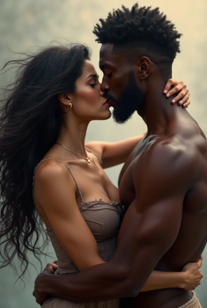 A woman caressing the chest of a black African warrior