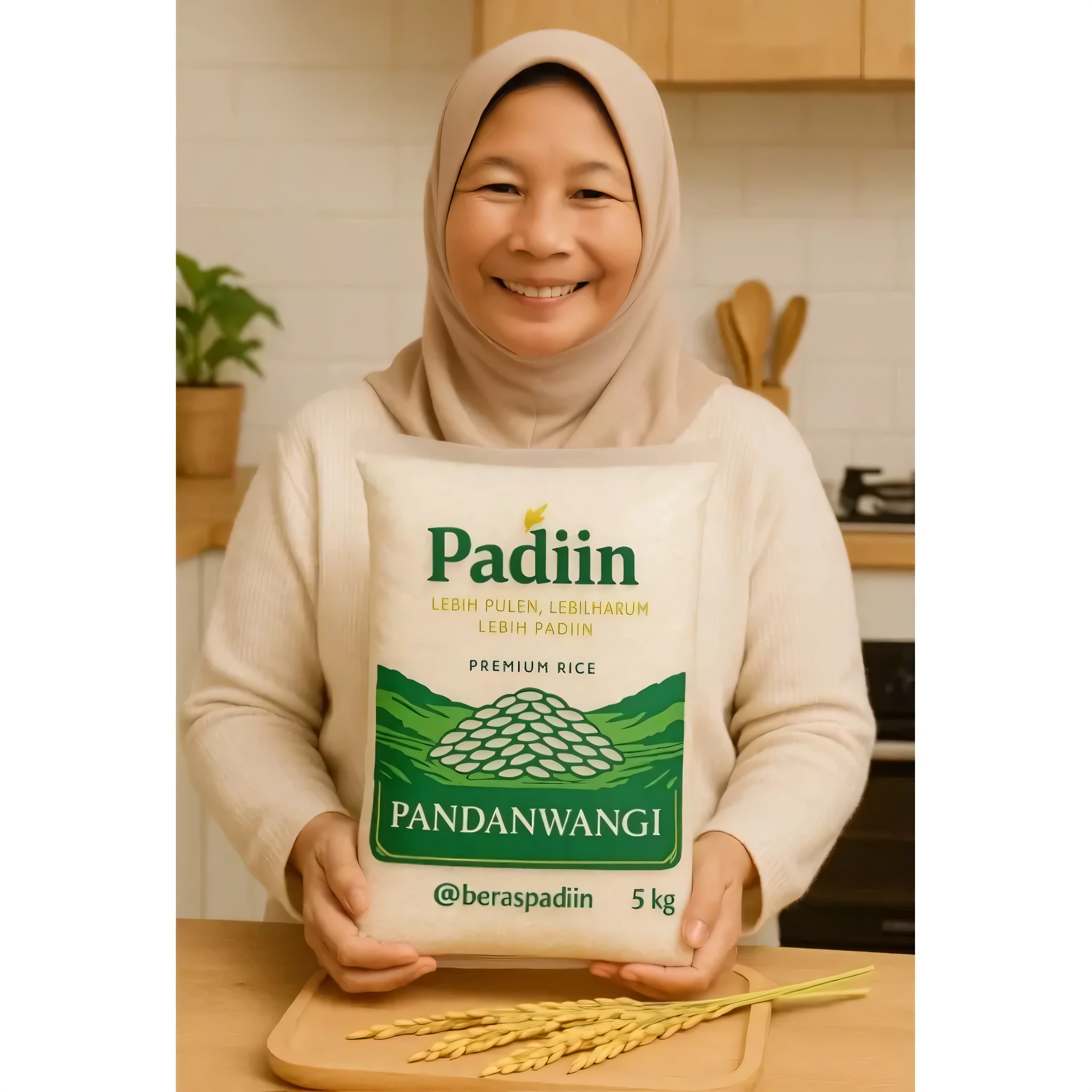 beautiful Korean woman wearing a hijab, wearing a yellow crop top t-shirt that says DAUN BUNGKUS PAPUA, holding a large and long eggplant, at the end of the eggplant there is thick white melted milk, white background