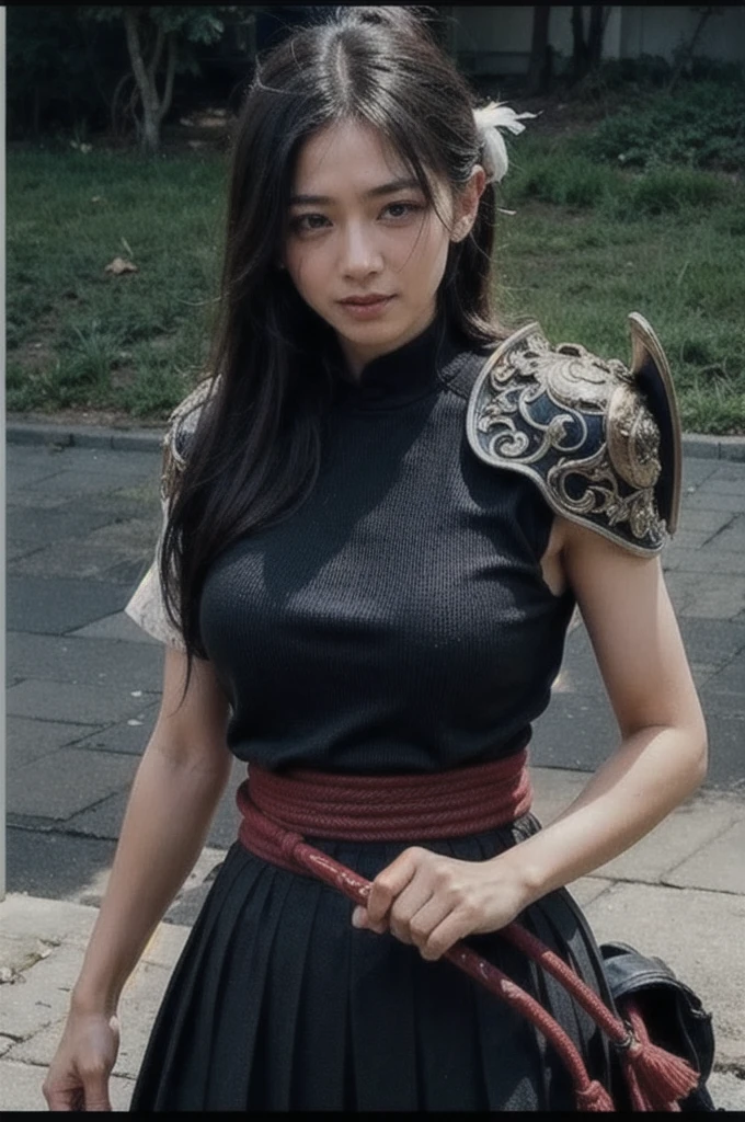 masterpiece, best quality, defKale, black eyes, ponytail, crop top, bracer, red skirt, upper body, standing, looking at viewer, nervous, green sky, mountains, rock formations, from above, close-up ,dark skin