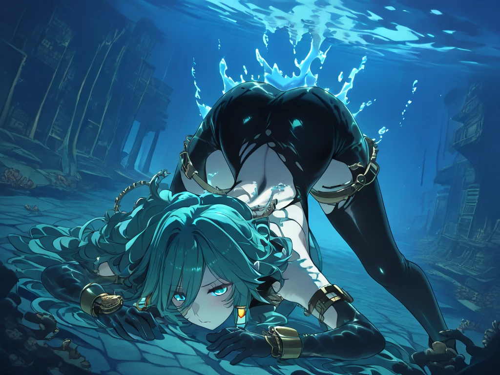 dark blue hair,,long hair,purple eyes,pointy ears,elf,((black tight body suit,bondage,tied up,bound,tied wrist,tied legs,blindfold,blush,wet,sweat))