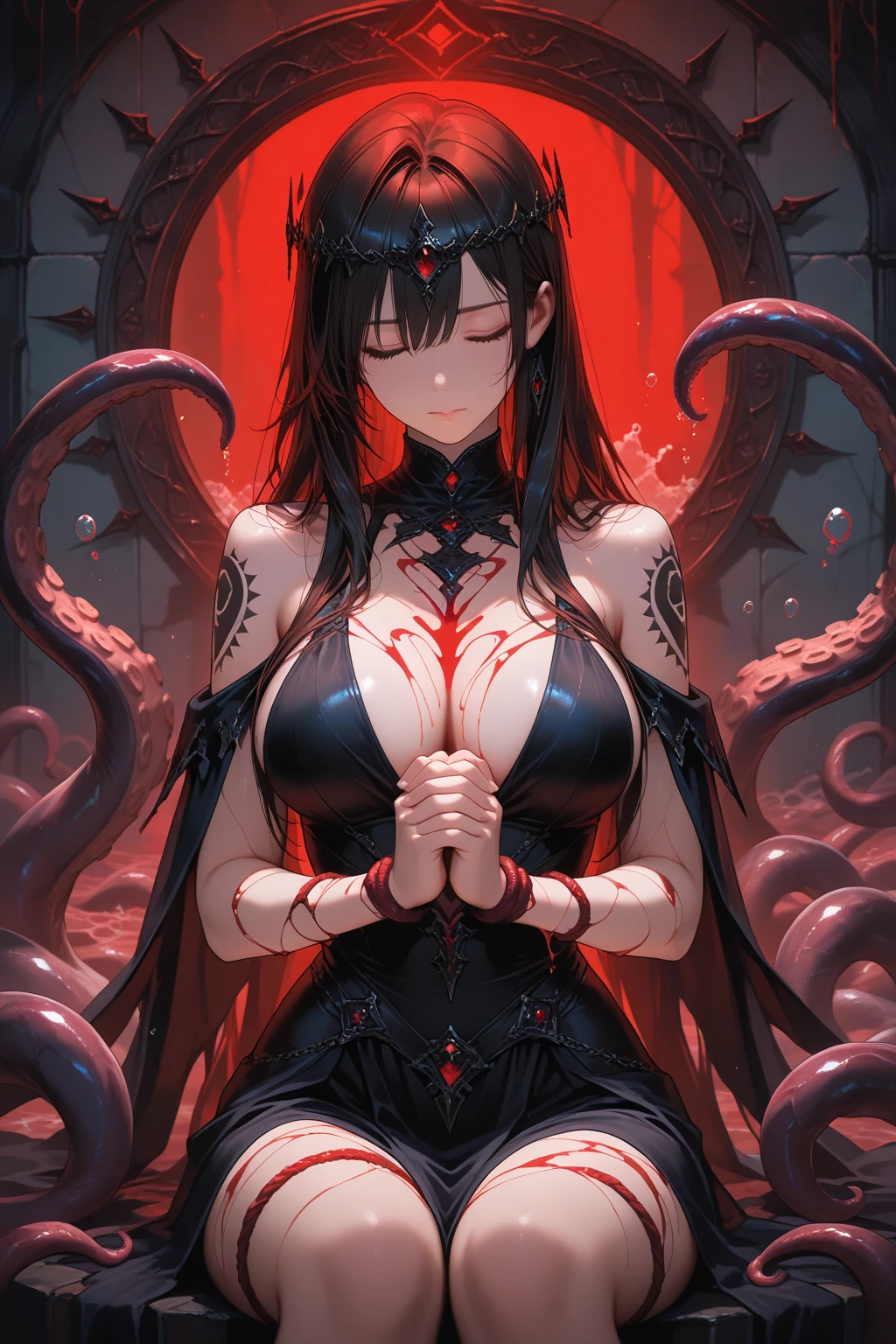 (topquality: 1.3), (tmasterpiece: 1.3), (super detaill: 1.3), ( one girls: 1.1)、black sexy suit, partically clothes are lowered(detailed hands and fingers:1.2)、(Detailed, ultra-oily, shiny skin:1.1), detailed face, seductive face, blue hair(extremely delicate and beautiful)), ((illustration)), (high resolution), atmospheric:1.3, fascinating, Dark) Unreal Engine, (best quality,4k,8k,highres,master、(Ripped black suit :1.1)、night time scene、(beautiful breasts:1.3) 、sexypose、Open leg open、parted lips、Surrounded by countless tentacles、Tentacles, entangled in the body、tentacles entangled in both hands、tentacles entangled in both legs、(Hands raised up、exposed legs、Tentacles, wrapping around the chest、undressing herself、spread exposed legs, ( hight resolution) (tentacle_ life:1.2) , (tentacle_ life:1.2) Be red in the face:1.1) ,(saliva:1.2) torn clothes, perted lips, from above view
