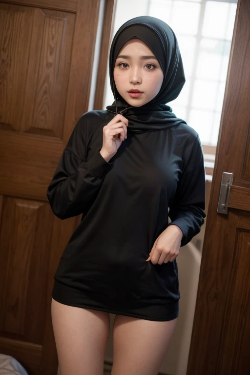 Beautiful, cute baby Face, 18 Years old Bella Hadid with hijab, cute face,super detailed face,detailed hand,beautiful skin,oily skin,big eyes,profeccional lighting,brown beautiful eyes, big smile,standing, (skirt lift:1.2),big breasts, (sailor suit),(checked skirt), panties, black high socks, spread legs, she is looking at the camera,classroom, from below,