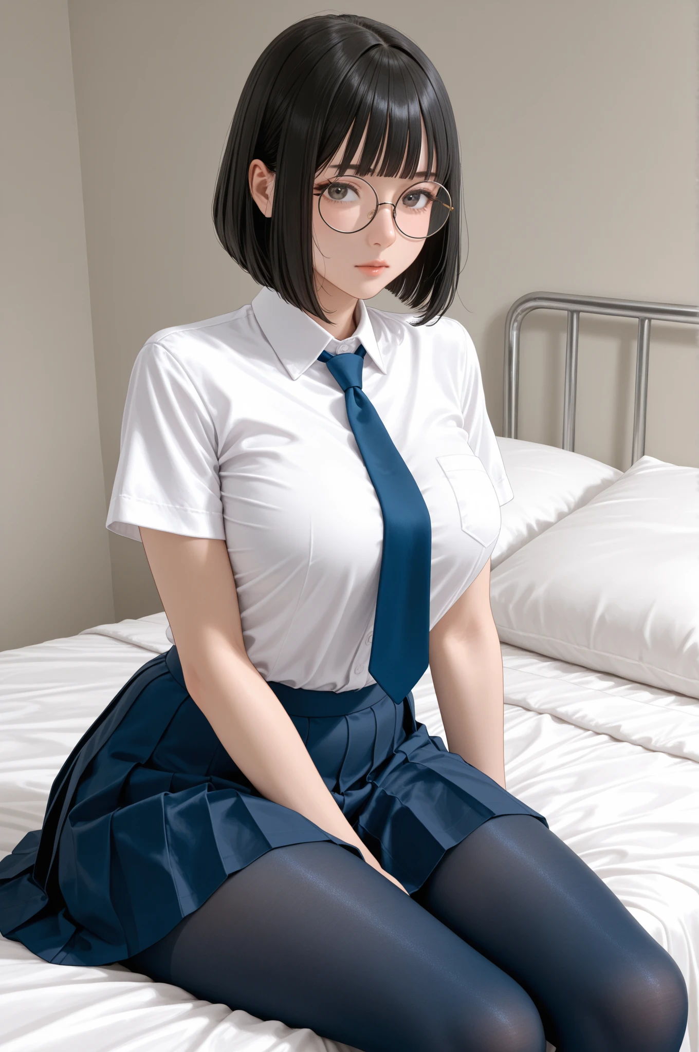 Clothing prompt	(1girl:1.3), Masterpiece, Best quality, amazing beauty, [[3D]], 4K, absurdres, finely detail, super detailed eye, perfect anatomy, official art, cinematic lighting, BREAK, bedroom, silky short hair, black hair, super shiny detailed blue eyes, embarrassed, BREAK , big breasts, sitting bed in bedroom, BREAK , (school uniform:1.2), BREAK,(Glasses)				