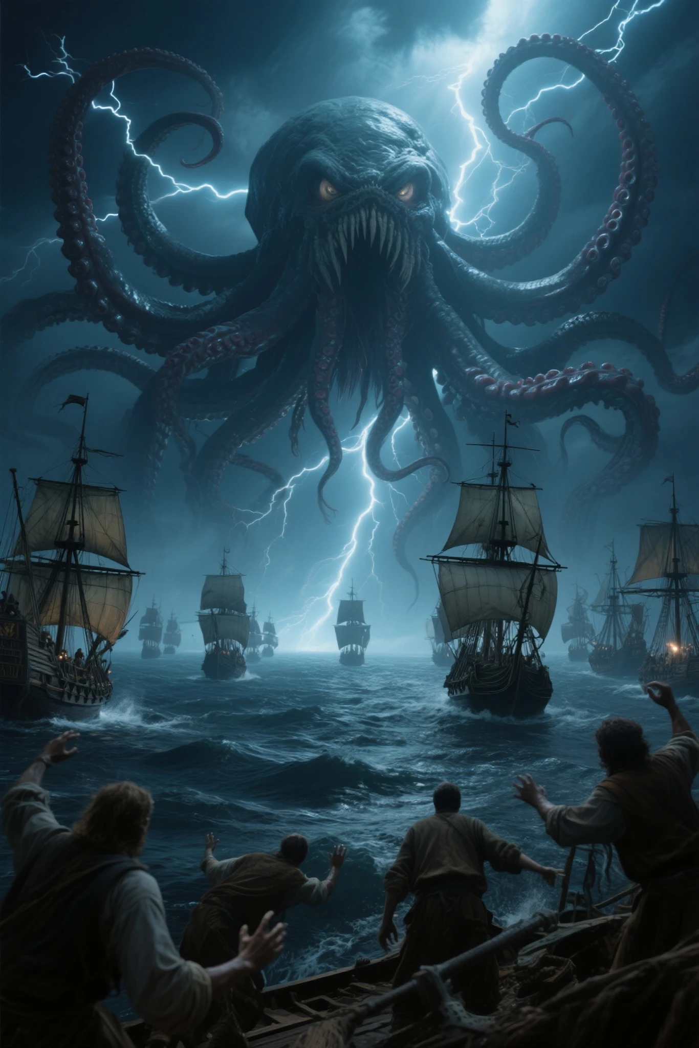 ,
giant octopus, sea monster attacking ship, nautical chaos, dark stormy seascape, maritime peril, ominous creature, digital art, high dynamic range, glowing eyes, tentacles, ship in distress, emergency flares, ocean waves, naval vessel, cinematic lighting, concept art, science fiction, horror theme, naval warfare, fantasy artwork, ship sinking, dynamic composition, deep-sea terror, dramatic scene, intense action, color contrast, water spray, fire, survival, sea battle,<lora:kesulu-10:0.8>