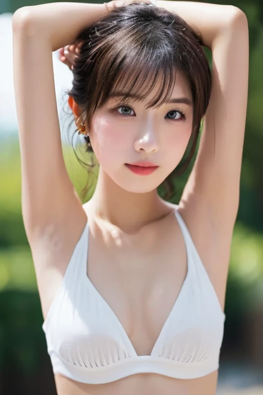 top quality, realistic, realistic, very detailed, very delicate and beautiful, RAW photos, full body, standing by the pool, professional lighting, face lighting, depth of field, single focal, full body, 20 year old woman, brown hair, brown eyes, small head, (((big)), fashion girl, beautiful eyes, real face, real skin, real face, realistic skin, detailed eyes, yoga, ( Fashionable hairstyle: 1.3) Dynamic pose, viewer, detailed face and chest look, announcer, beautiful armpits, white micro bikini