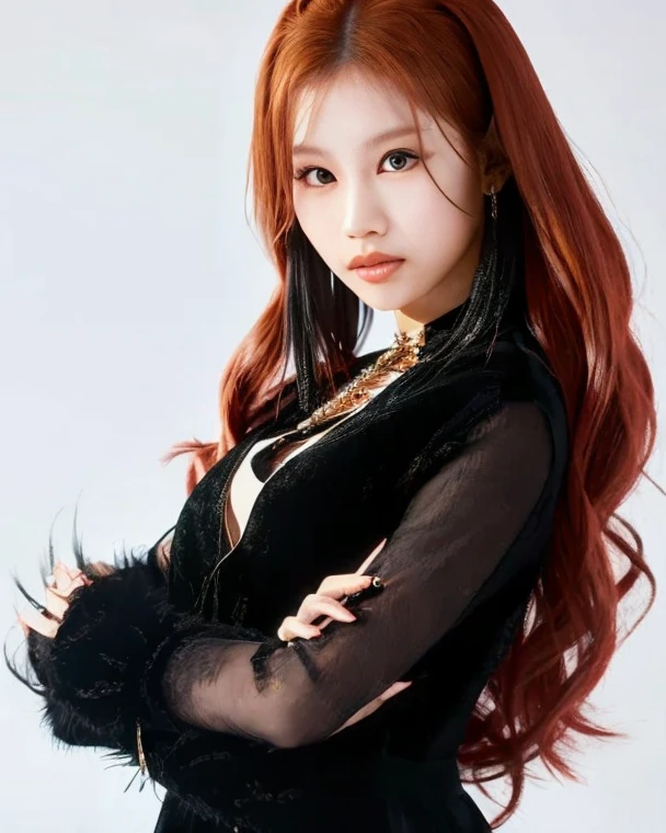 a girl with long red hair and a bow in her hair, chinese model, beautiful, asian, pretty nezuko, ayaka genshin impact, rin tohsaka, official artwork, demon slayer, tanjiro kamado, flaming katana, kawacy, anime visual of a cute girl, long sharp fingernails,