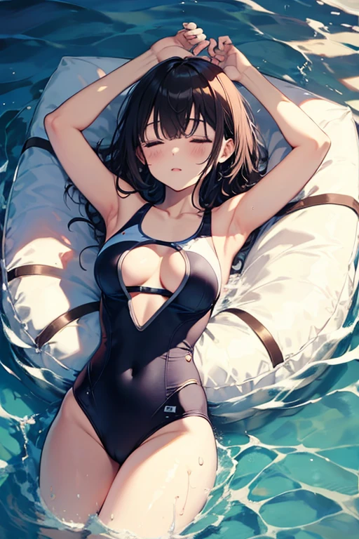 ((Top quality)), ((Masterpiece)), (Detail), perfect face, lying on the beach, listening to music, girl, wearing headphones, wearing swimsuit, swimsuit is transparent, legs spread, wearing tight clothes, buttocks and bare chest, ocean view
