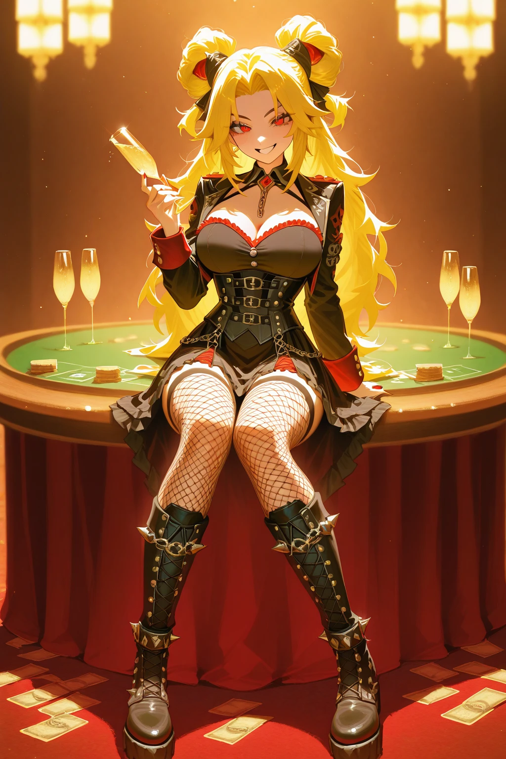 (Blonde)、(Dark Elf Beauty、Detailed face)、(Sunburned skin:1.5)、(Huge breasts)、(Black short bodycon mini skirt、Big slit)、Fantasy decoration、(Full body tattoos)、(Female Gangster)、Inside the casino、poker、Sit on a plush sofa、Holding a wine glass