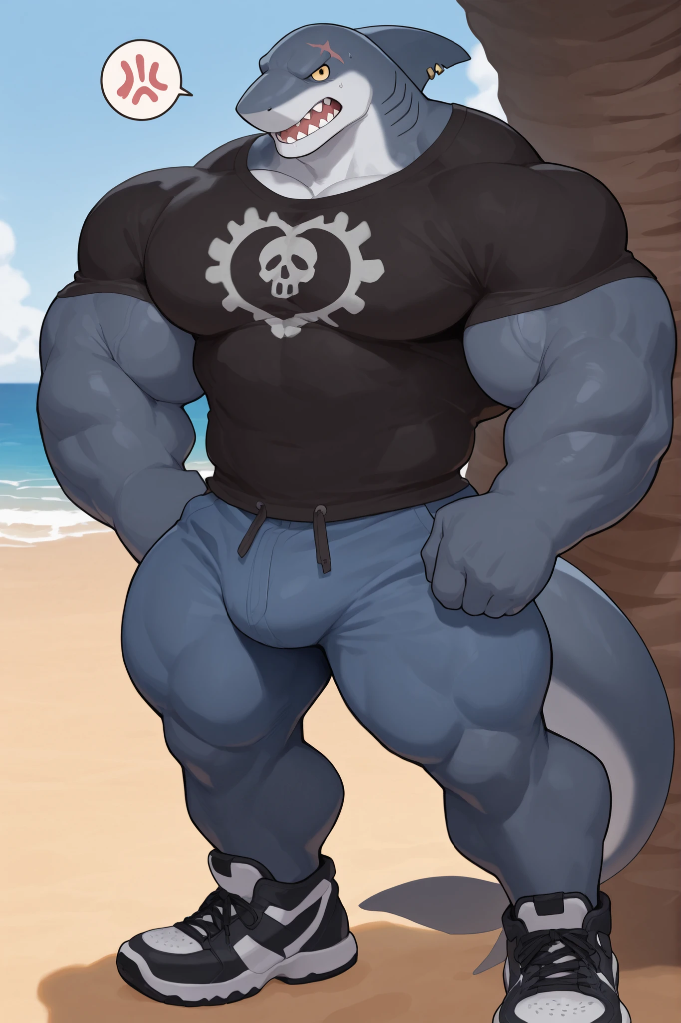 an (humanoid, 4-armed, anthro, (machamp:1.00)) on the beach(by maldu, by tojo the thief, by kusunagi, by lindong), (ultra res, masterpiece, pinup, (standing)), looking at viewer:1.00), (mean, smirk, smile), (solo, male, muscular humanoid), (detailed muscles, photorealistic muscles, beautiful muscles), (detailed face, photorealistic face, beautiful face), flared nostrils, ((underbite:0.88), (teeth showing:0.60), (humanoid teeth:0.80), straight teeth, photorealistic teeth, beautiful teeth), (red eyes), (humanoid eyes, detailed eyes, photorealistic eyes, beautiful eyes, detailed iris, beautiful iris, retrace eyes), (humanoid pecs, detailed pecs, photorealistic pecs, beautiful pecs, sweaty pecs), (humanoid nipples, small nipples, detailed nipples, dark nipples:0.22, photorealistic nipples, beautiful nipples), (humanoid abs, detailed abs, photorealistic abs, beautiful abs), (humanoid navel, detailed navel, photorealistic navel, beautiful navel), (detailed biceps, photorealistic biceps), (humanoid butt, detailed butt, photorealistic butt, beautiful butt), (wearing a (solid black), (tight clothing:0.88), speedo), (veiny muscles, veiny legs), (grey skin, dark skin:0.88, photorealistic skin, beautiful skin), (((shaved body texture))), (sweaty, detailed sweat, photorealistic sweat), (hands, machamp's hands, 3 fingers, dark fingernails), (feet, machamp's feet, 2 toes), photorealistic background of a (sand, sea, blue sky), (specular lighting, ray tracing, retrace face, retrace body, retrace eyes, shaded),