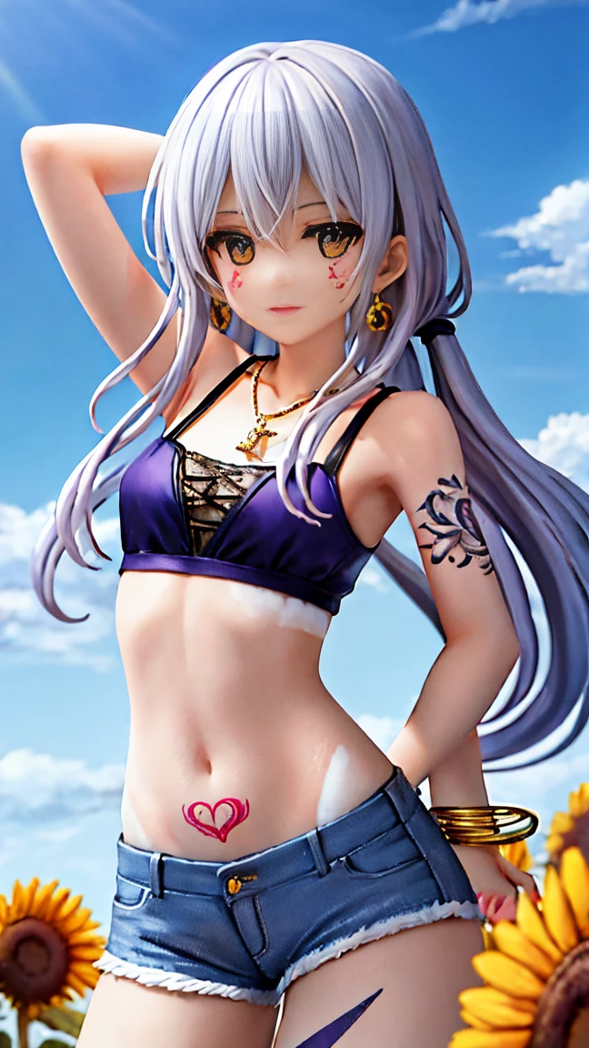 (masterpiece:1.3), (8K、photorealistic, Raw photo, best quality:1.4), (1 girl), (solo), (15 year old beautiful silver-haired Scandinavian girl), (Very beautiful and attractive woman, beautiful silver hair、Intense purple eyes, strong eye highlights), (cute, little:1.5), (very beautiful face:1.5), (Beautiful face with perfect symmetry:1.2), (cute face:1.5), (wonderful smile:1.2), (perfect anatomy), (high detail skin: 1.2), (natural breasts), (beautiful thighs), (Intense blue eyes), (Beautiful silver hair), ((twin tail hair)), crossed bangs, asymmetrical bangs, lip gloss, (accurate arm, five fingers, accurate legs), (Detailed purple bikini swimsuit:1.2), (The bikini features detailed lacework., Decorated with light blue embroidery), (decorative headband, necklace), (Stylish high heels), Attractive, ultra high resolution, Super realistic, extremely detailed, golden ratio, Photorealistic anime girl rendering, Realistic anime 3D style, look at viewer, Summer coastal resort, ((6 p.m., Beautiful sea and flower background in the evening)), ((beautiful smile)),(flower hair ornament), PVC