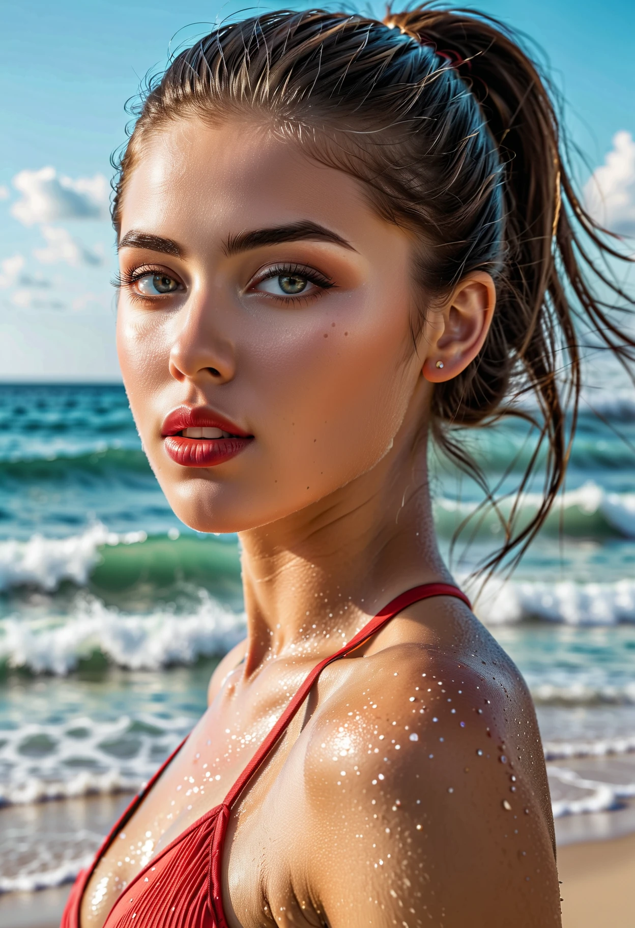 (best quality:1.5), (hyper-realistic:1.5), 23 year old skinny croatian woman, ponytailed short brown haired, brown eyed, pale skin, wet hair, wet skin, standing in the beach, in an all blue bikini, ripped abs, toned abs, front view, back view, smiling, night scenery, starry sky scenery