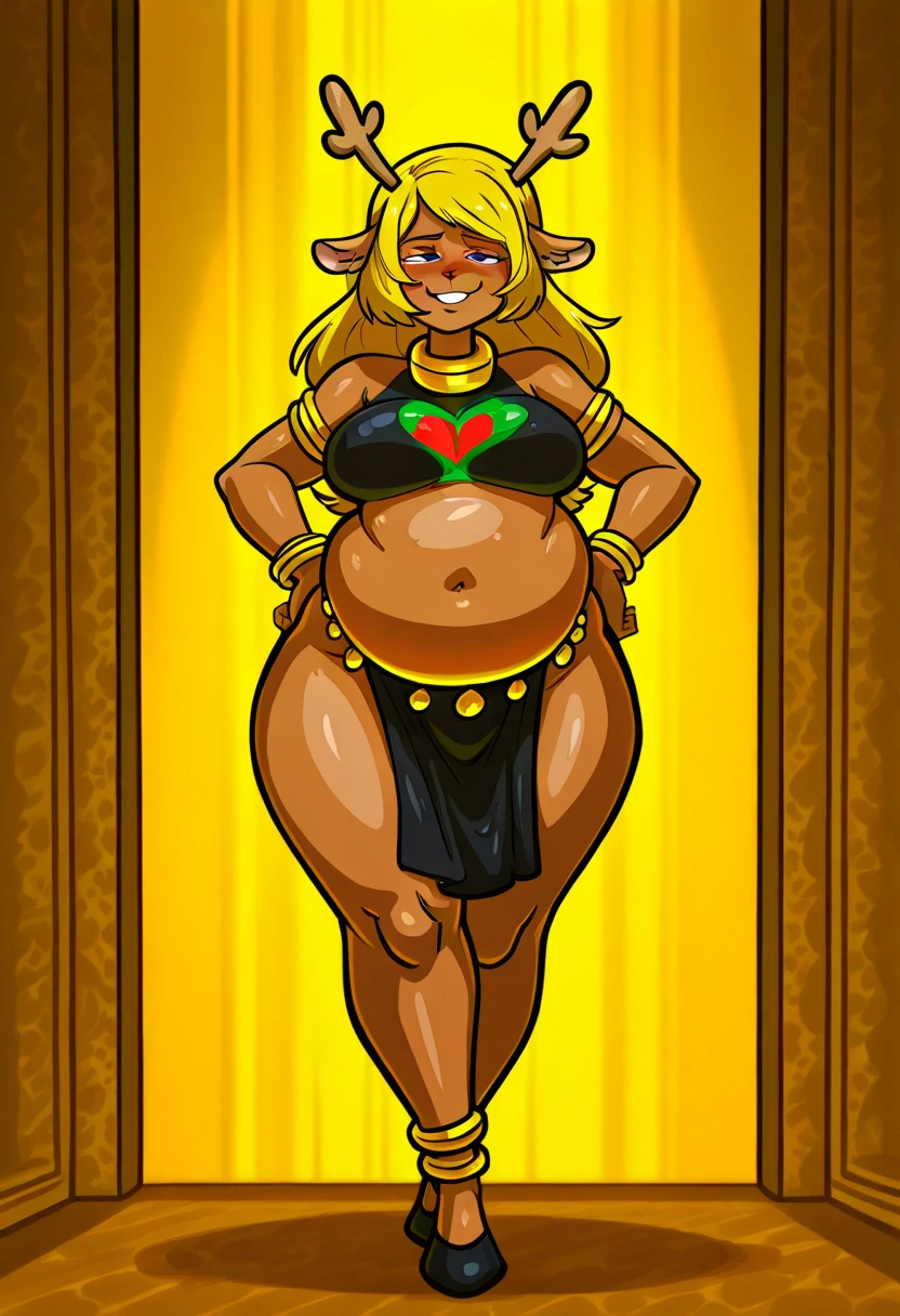 by goblinhordestudios, Alone, female, big belly lion, long red hair, green brazier, green underwear, black fur, Wide hips, fat body, pose sexy