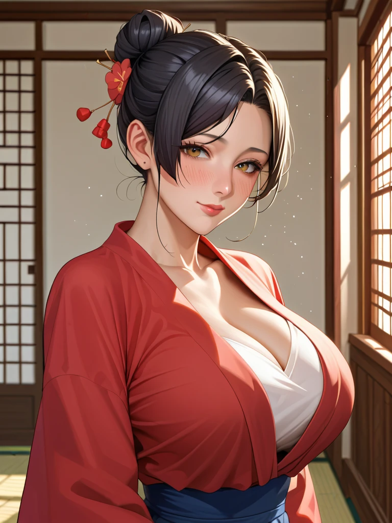 40 year old girl, in red pajama, huge breast big sized, big assa, black hair, green eye,s hanging boobs in pajama, sexy body pose, lewd face, half naked, showing half naked body to viewers