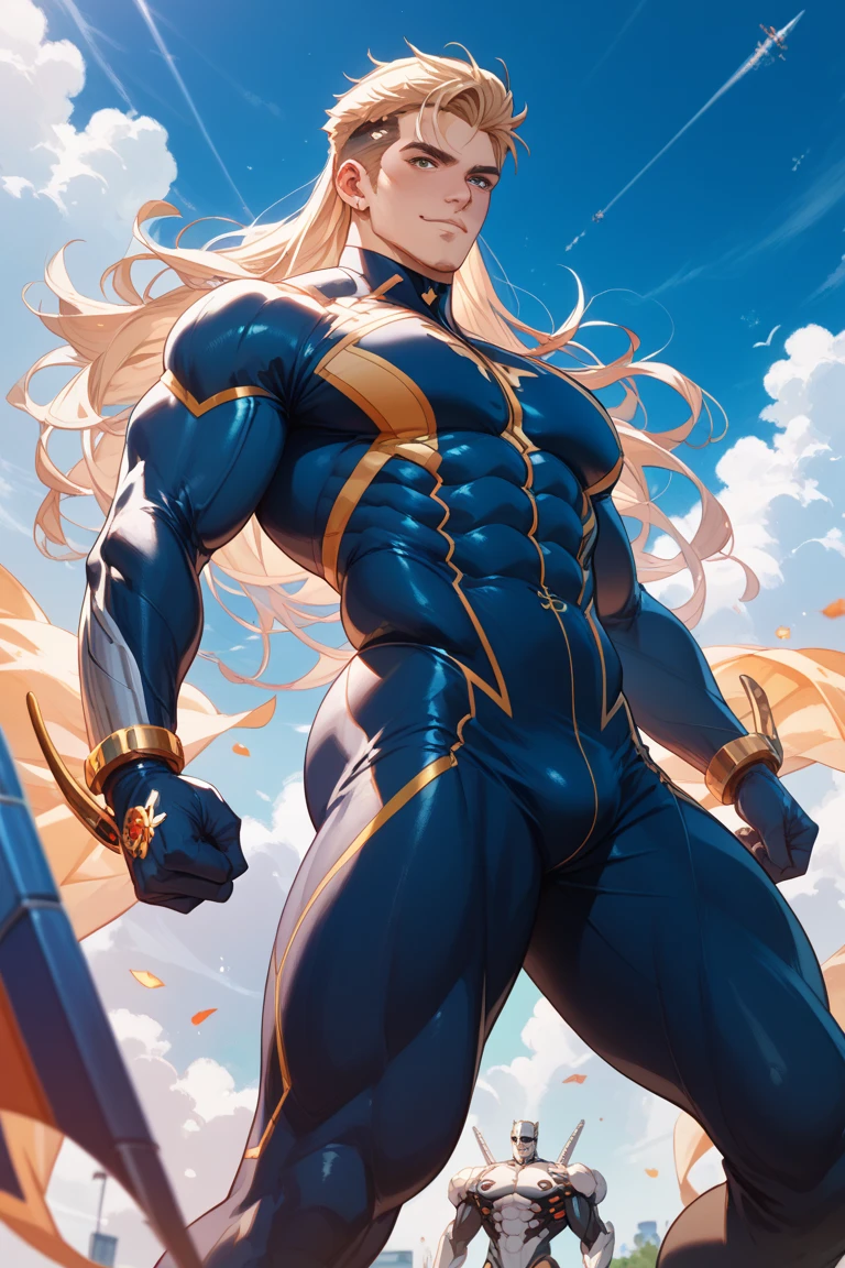 1male , Blue Skin , Bright Yellow Eyes , Messy Wavy Spiky Yellow Hair , Bright Blue Highlights in Hair , Muscular , Calm Expression , White Bodysuit ,Armored Clothing, Superhero , Standing on sidewalk , Modern city bakcground