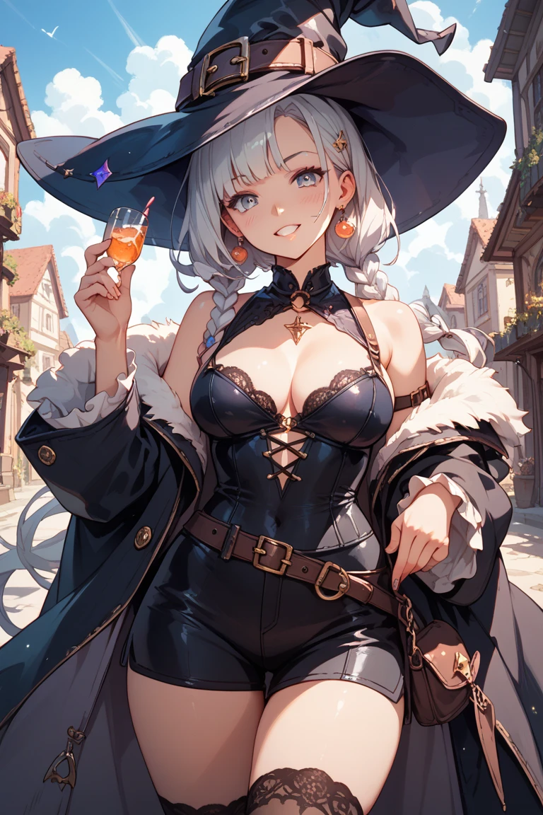 A young silver haired woman with green eyes with an hourglass figure in a pirate outfit is drinking at the bar with a big smile