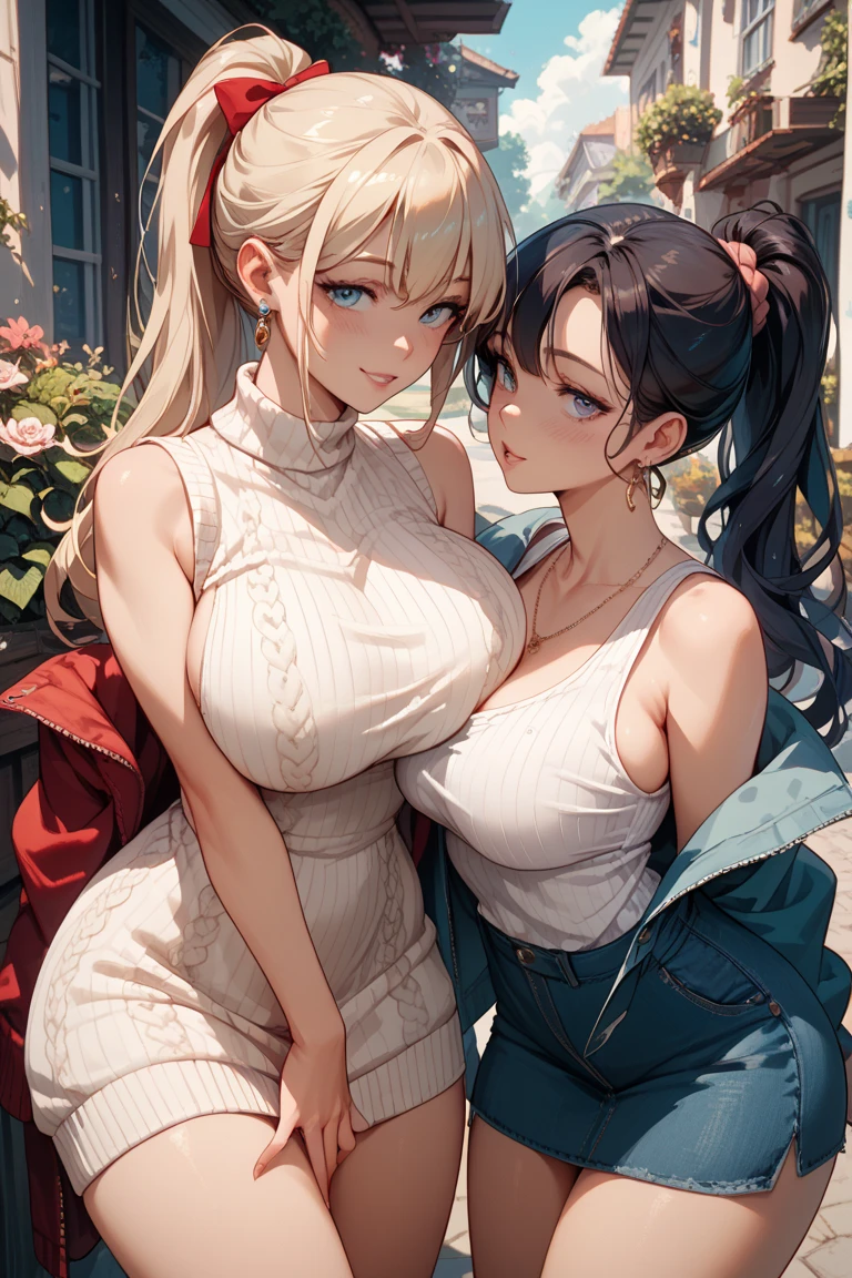 Two teenage girls、(masterpiece:1.4)、(in 8K、realisitic、Raw photo、top-quality:1.4)、(Real Face:1.4)、(real looking skin:1.3)、超A high resolution、A hyper-realistic、Eyes in Beautiful Details、Black low ponytail、Blonde twintails、耳环、off shoulders、no-bra、pleatedskirt、(huge-breasted:1.5)、gargantilha、cleavage of the breast、Blushing、alluring face、Troubled look、hotel、Standing side by side