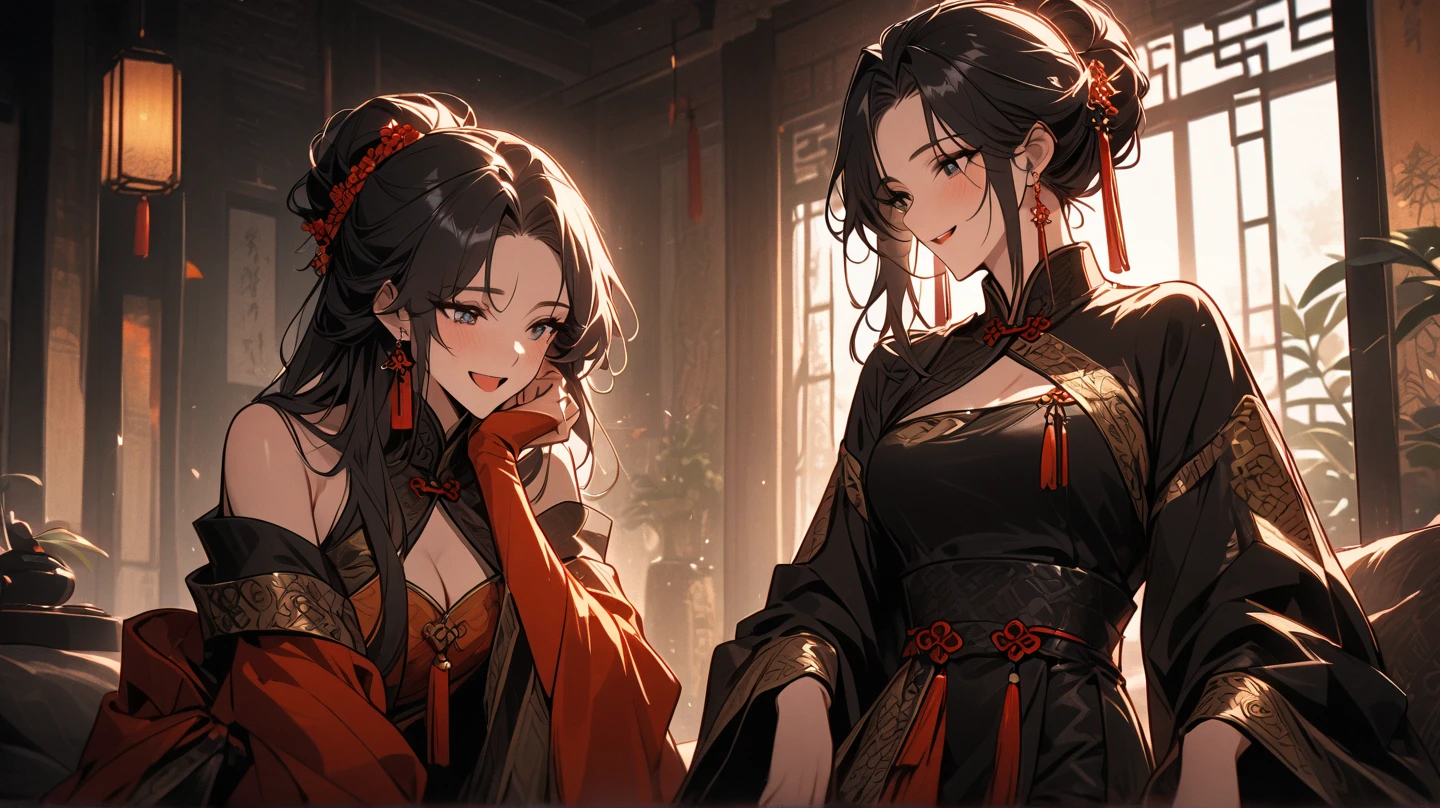 Anime style painting, An illustration, liquor, Woman sitting at a bar drinking a cocktail, 背景の棚には多彩な色のliquor瓶が並んでいる, Quiet bar, Calm expression, Perfect hands, elder, Red Hair, The dignity of a 50-year-old, ほろ酔いのwoman, solo、(Highly detailed background:1.0)、(Highly detailed background:1.0)、masterpiece、Highest quality、(Babes)、Fractal Art、Red eyes、Narrow eyes、Black and red dress, Reddish lips、From the shoulders up、smile、One Woman、Red long ponytail, Curly Hair, Red eyes,Golden accessories, solo, Big Breasts, woman, Take-out, Provocative laughter,40 year old woman,Queen of Sadism, Highly detailed background, Perfect Human Medicine, Sweat,