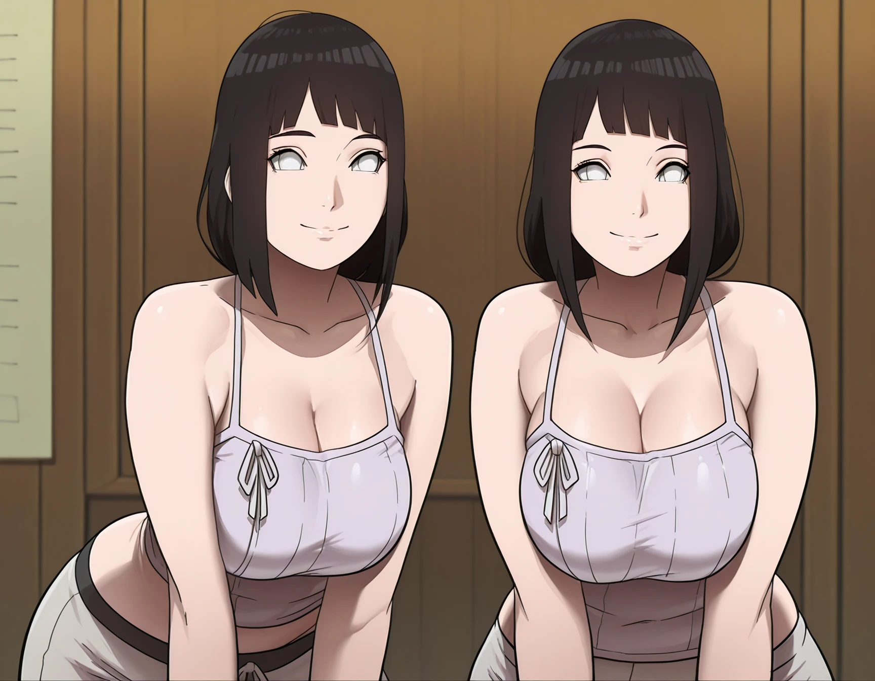 Bright of colors ,Hinata\(Boruto\), 1 Girl,full-body shot、Red lace bikini，( Top quality、high detail:1.4、Adds intense highlight to eyes、4、Lip Gloss), Tilt your head slightly,  Lips, Lip Gloss, big eyes、eyelash、Face is a little red、embarrassing)、big eyess、Leave a very strong impression on your students、{huge|大of|hugeof|mega} breast:1.6、very 大ofger breast、Long Neck、Smile、Happy、beauty of teeth、Open your mouth and smile、Heart-shaped pupil))、(Big breasts of:1.2)、Busty of big breast, bustyofbreast、(breast protrusion 1.2)、((Super huge :1.3))、(of:1.3)、beautiful of big breast、Sexy bulge
