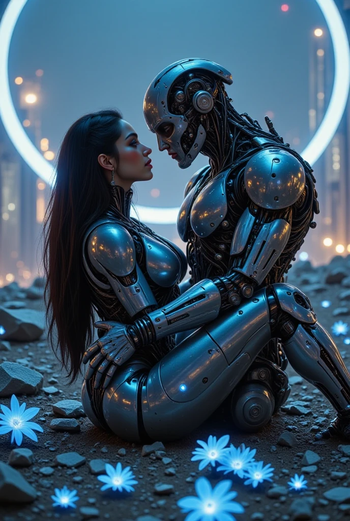 Sexual relationship between a male cyborg and a female cyborg on the roof of a skyscraper, high quality, Best quality, absurdity, masterpiece, Beautiful, complex parts, 1/2 body crops, slender body, Beautiful figure, Magnificent Anatomy, (complex parts:1.12), HDR, (complex parts, hyperdetailing:1.15), (natural skin textures, hyperrealistic, soft light, spicy:1.2)