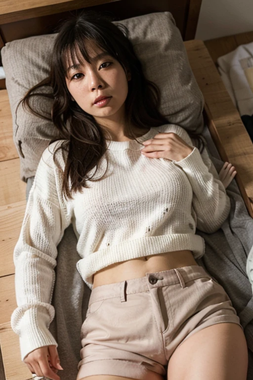 highest quality, Photorealistic, Very detailed, finely, High resolution, 8K Wallpaper, Professional, High level of detail, ((One 18 year old girl:1.2)), Slender Japanese women,Pretty lips, (Long eyelashes:1.2)、Detailed clavicle, Perfect Face, (Cute short bob hair:1.5),Top Quality,Ultra-clear resolution,Clear Eyes,Sunburned skin,Perfect breasts,have perfect legs,Focus on the legs,On the bed in a tartan skirt:1.2)、(lie down:1.5),Dimly lit bedroom、As if inviting him、wearing knit sweater & miniskirt, (Flirtingly lifting her skirt to show her panties:1.5)