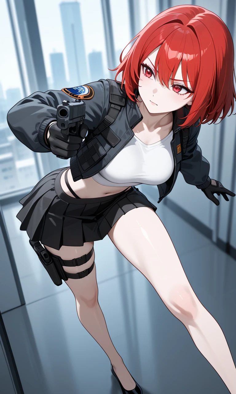 1girl,red hair,medium hair, purple eyes, ahoge, <lora:utinoko akagami-000016:0.6>,dynamic pose, holding weapon, handgun, stomach, denim, short shorts, jumping, hoodie, jacket,