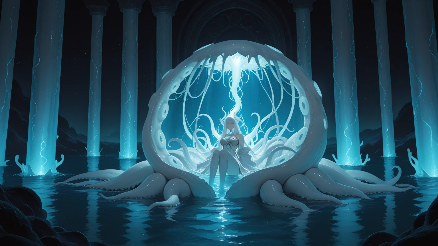 A lovely female indiana Jones (sexy explorer outfit), has discovered the throne chamber in an ancient ruin. (Eldritch symbols cover the odd obsidian wall partly obscured by slimes, molds, and fungus), (A throne of power(made of bone and gold pulsing with evil energy, its guardian is an enormous eldritch horror with many slimy tentacles and an enormous maw) beckons to her to approach the empty throne.
