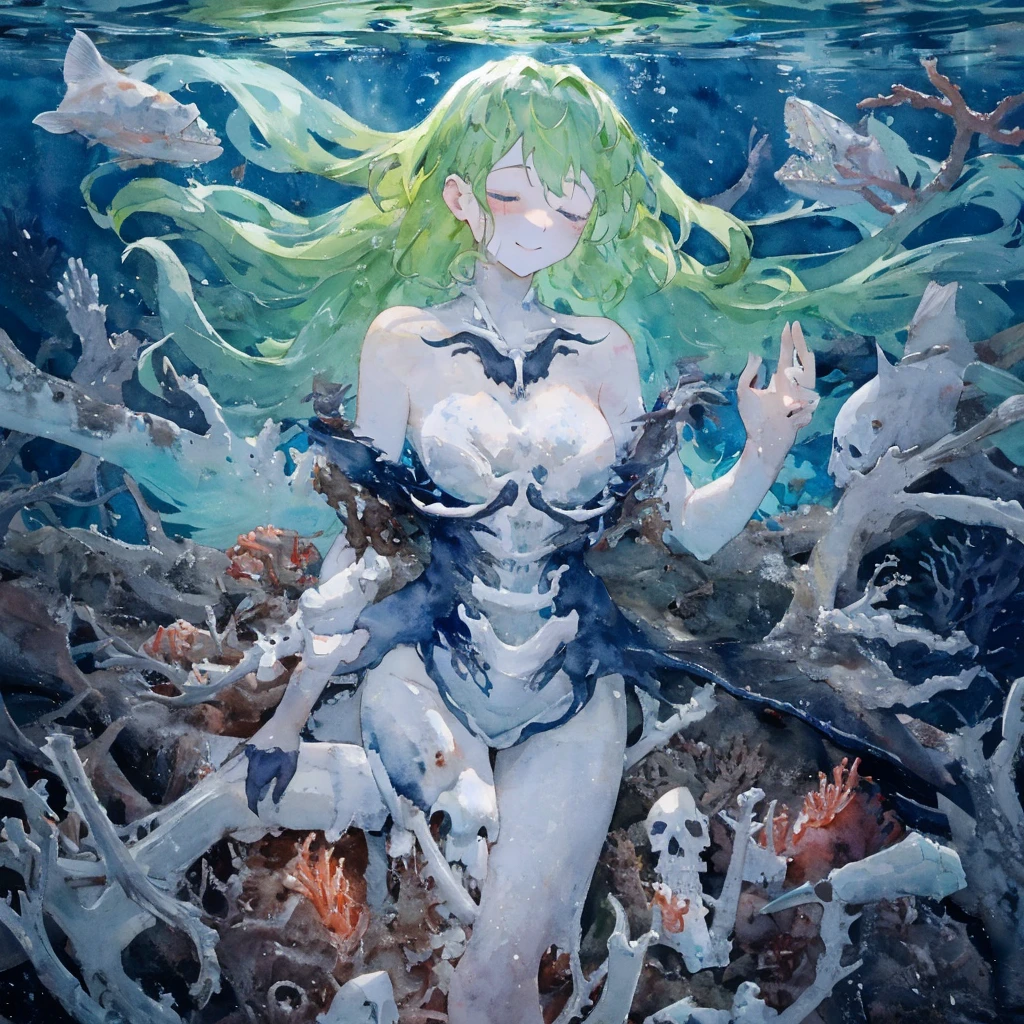 Ancient Limestone statue overgrown with coral and algae, Jellyfish monstergirl, green kelp toga,seagrass hair,luminescent deep ocean, underwater scene, 8k, hyper detailed, bioluminescent plankton, barnacles, colorful lighting, bright vibrant colors