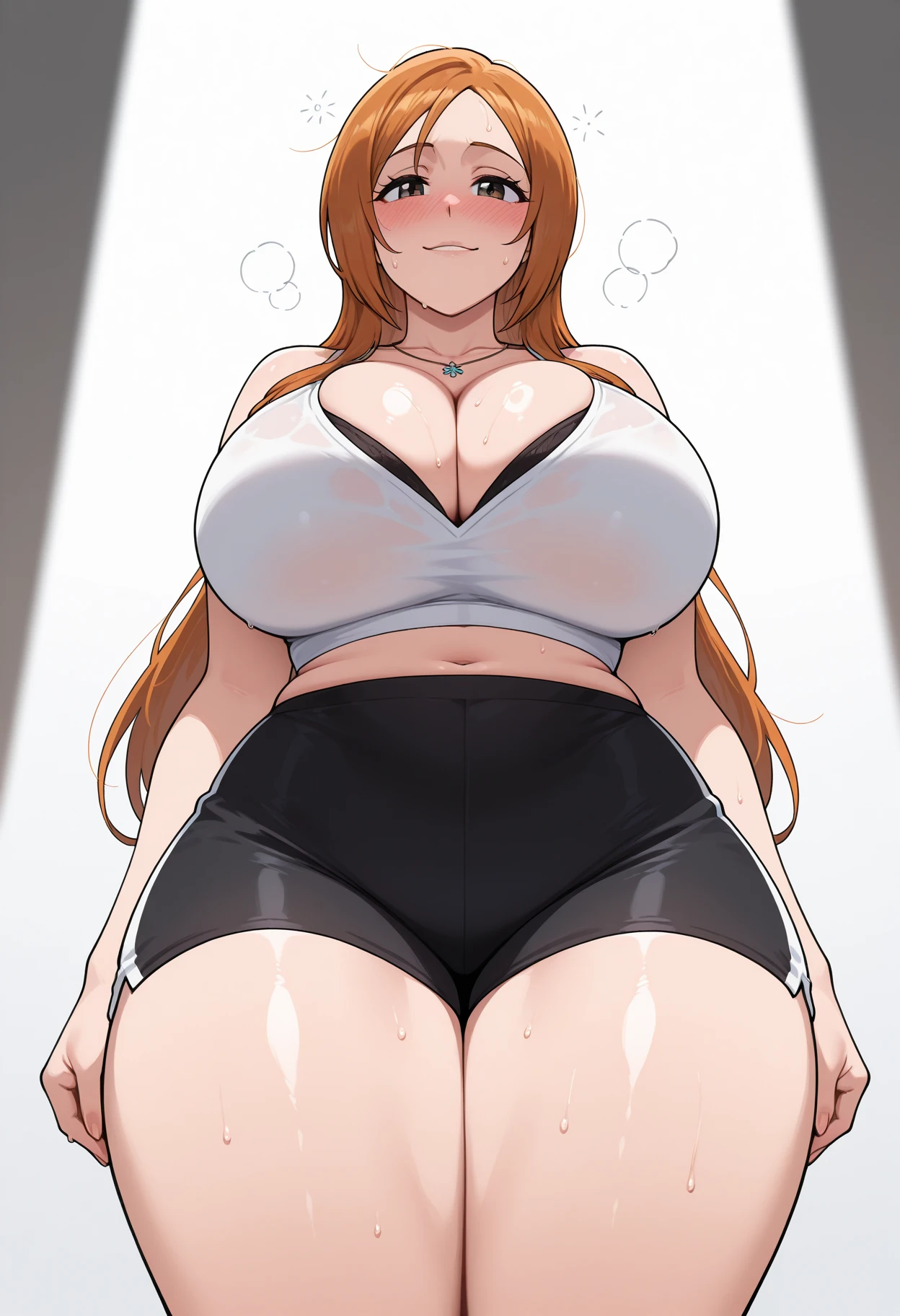 dark red hair, big round glasses, female, solo, smol, pink eyes, massive breasts, massive butt, massive hips, oppai , very long hair, wear black lace bra and leggings, sexy pose, masterpiece, ultra high quality, detailed eyes, perfect face, perfect hands, perfect body