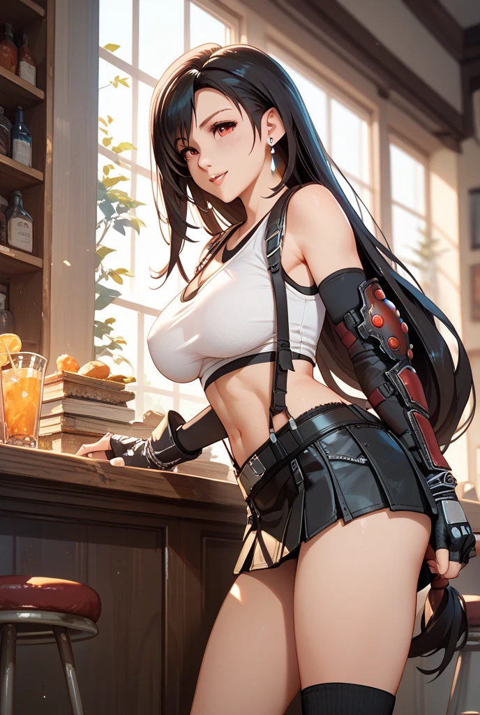 defTifa, white crop top, elbow pad, fingerless gloves, suspenders, pleated skirt, red boots, bar counter,