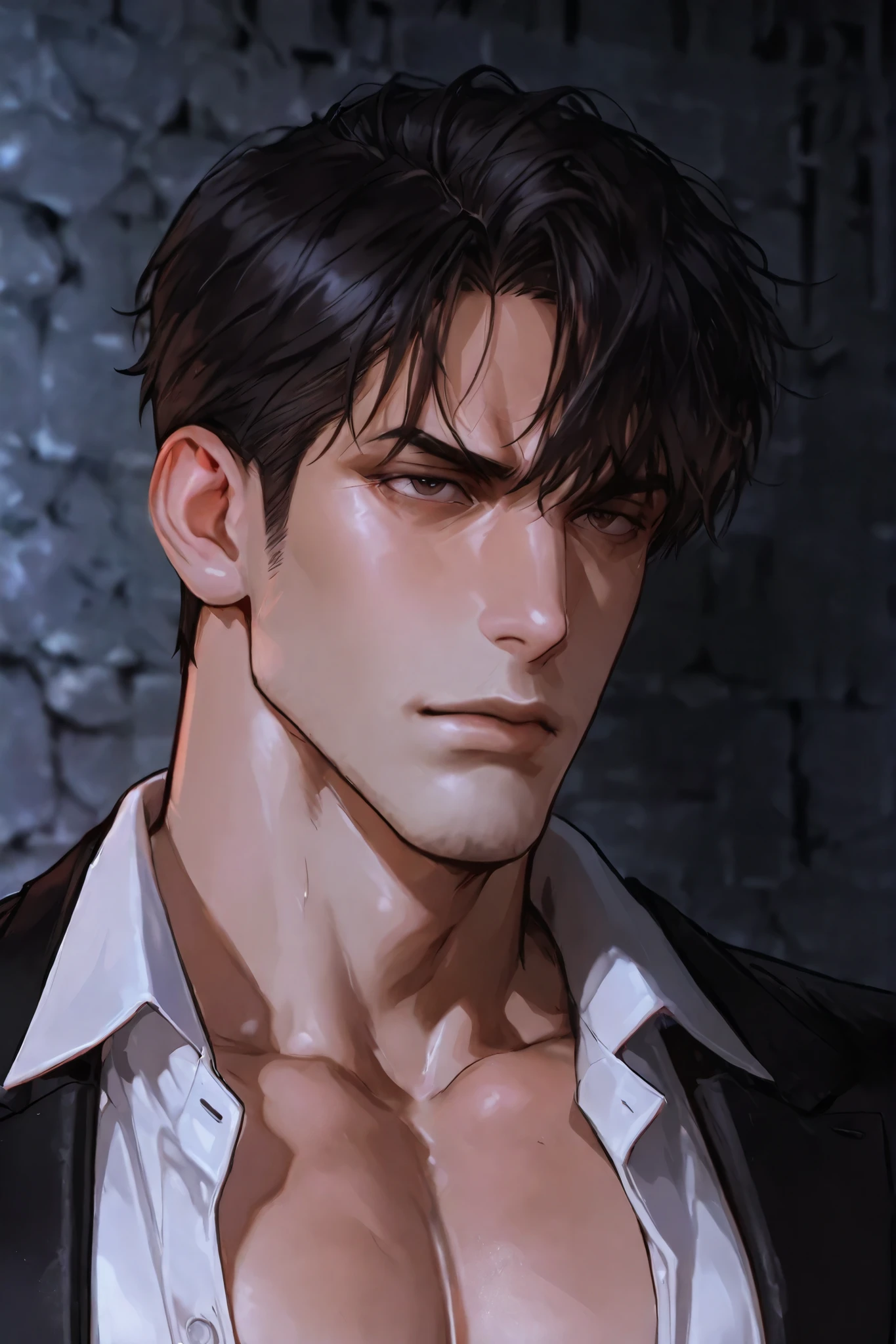 handsome adult male with head hit,  A man in his 40s  , Mature impression , Black Suit Jacket, Gangster , dark concrete wall background, close-up of the face  , Unbuttoned shirt, Sexy cool guy, Solo